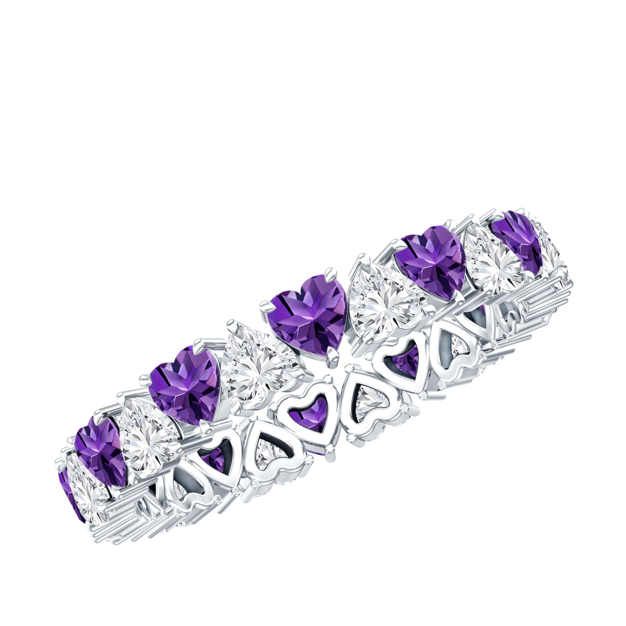 Certified Natural Amethyst Heart Eternity Ring with Moissanite AAA - Rosec Jewels