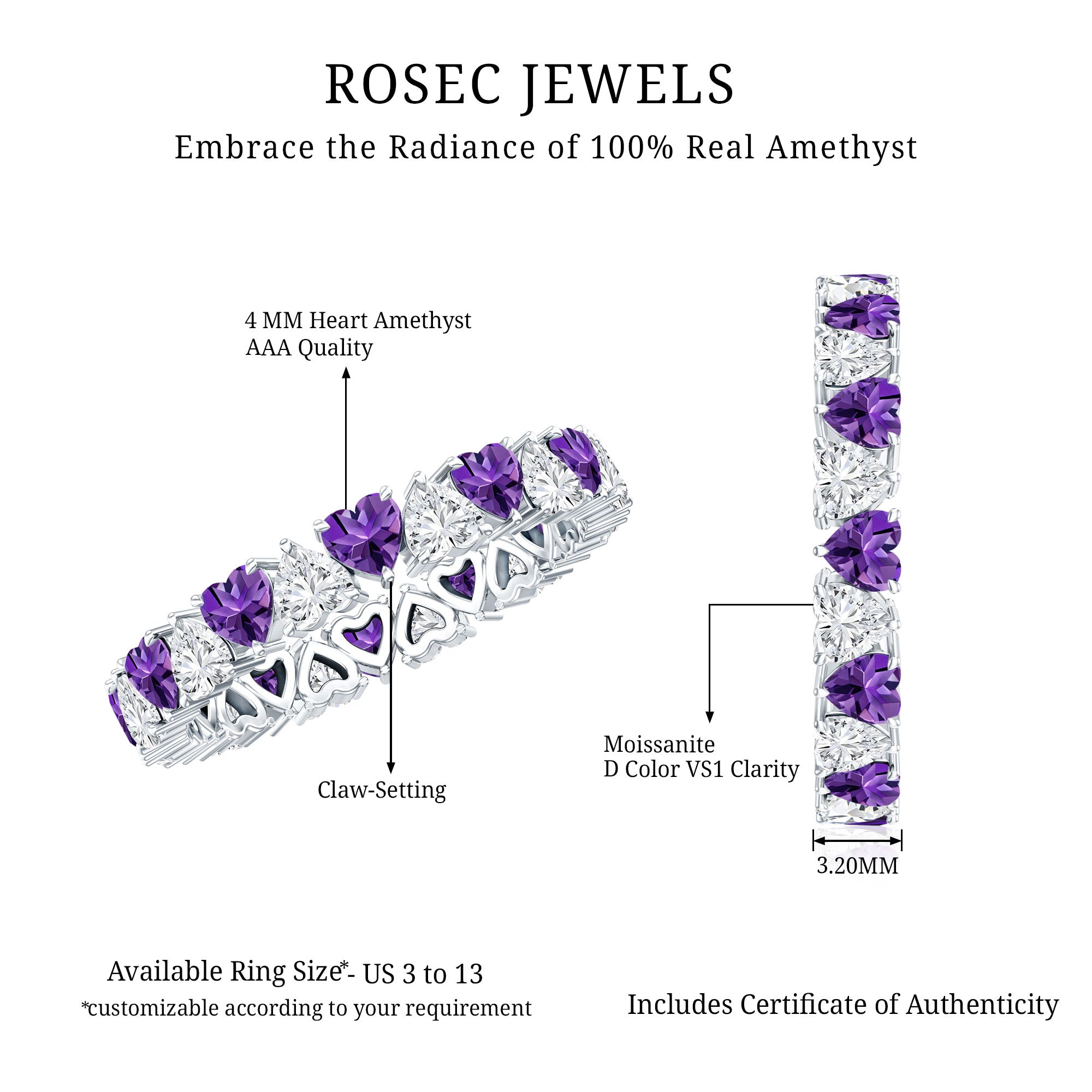 Certified Natural Amethyst Heart Eternity Ring with Moissanite AAA - Rosec Jewels