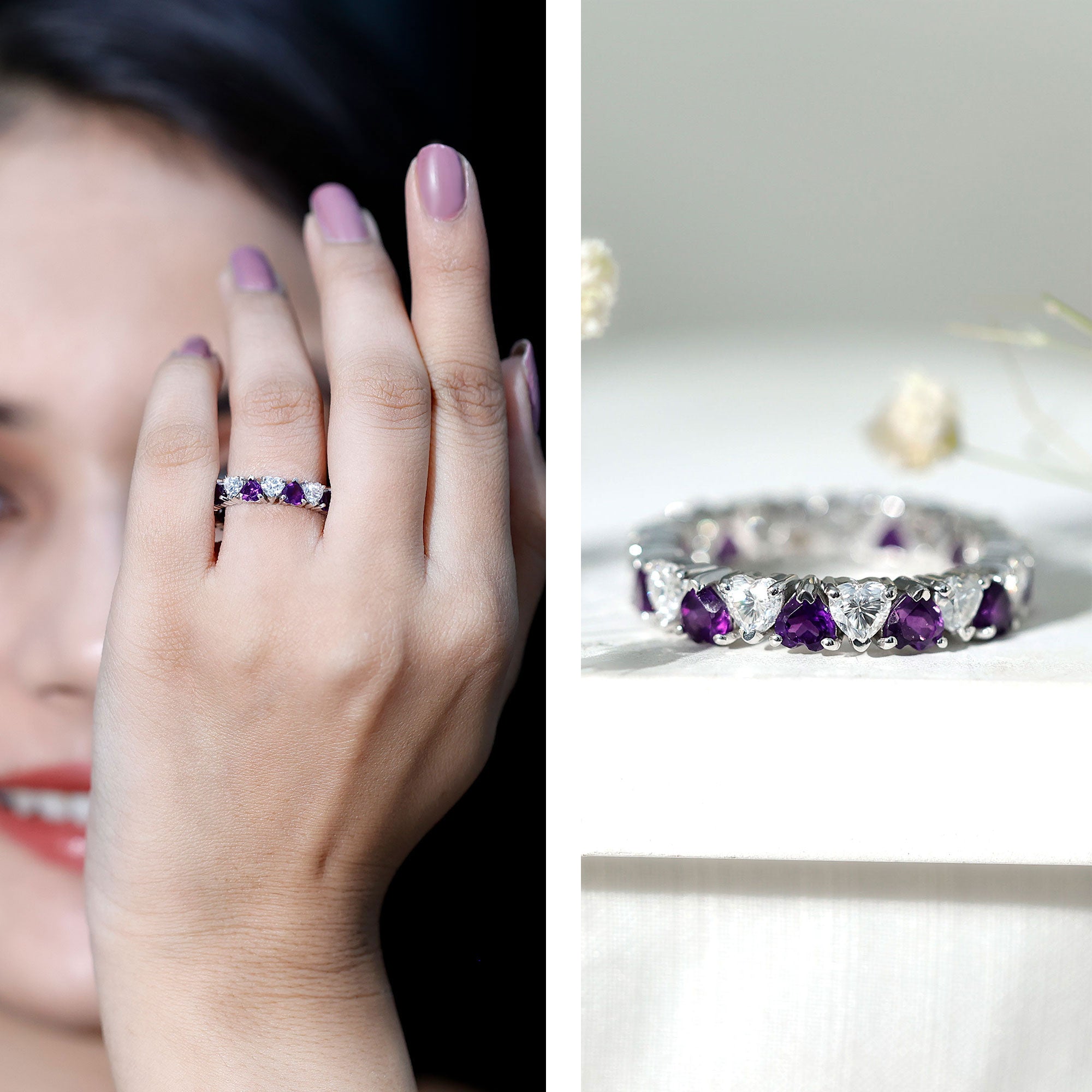 Certified Natural Amethyst Heart Eternity Ring with Moissanite AAA - Rosec Jewels