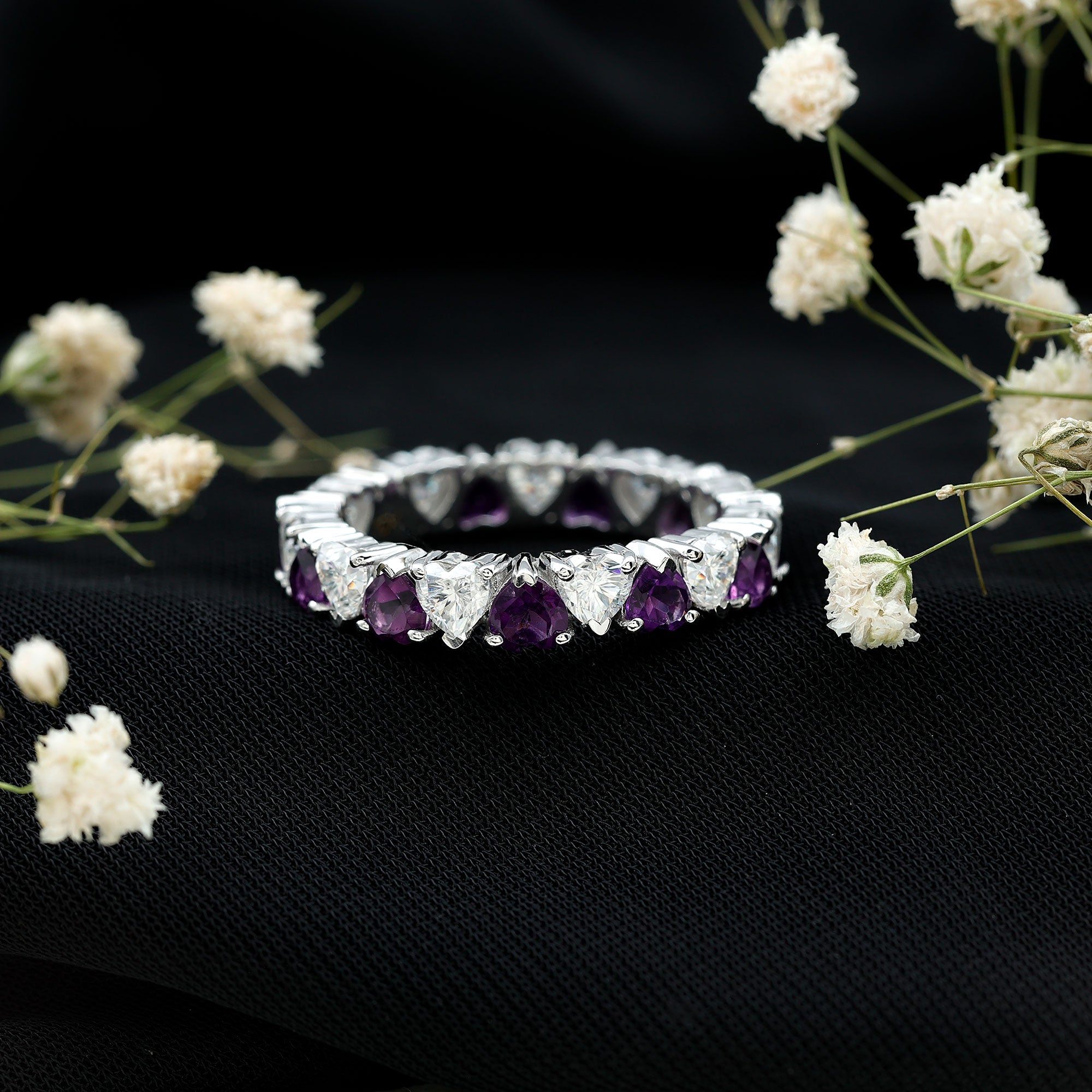 Certified Natural Amethyst Heart Eternity Ring with Moissanite AAA - Rosec Jewels