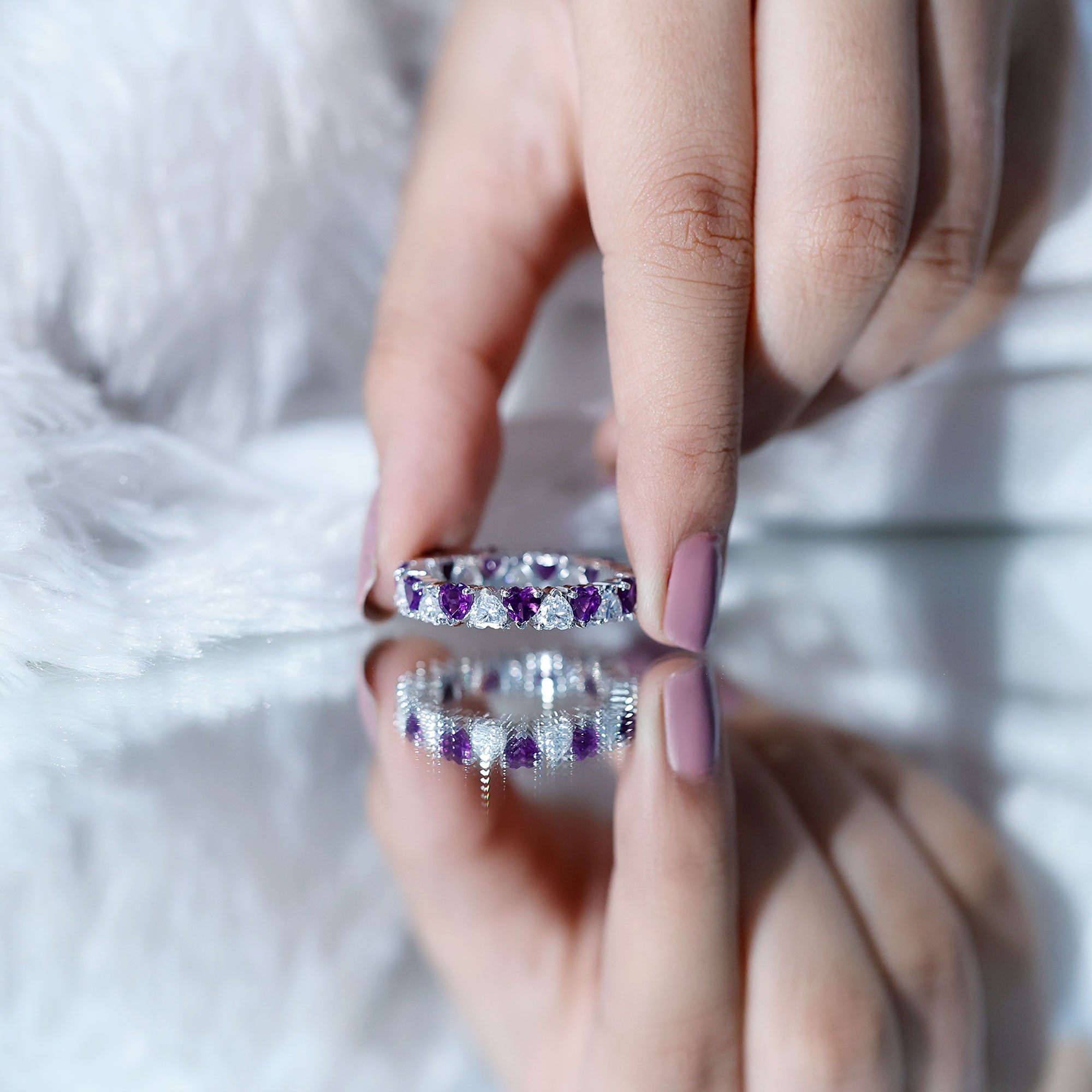 Certified Natural Amethyst Heart Eternity Ring with Moissanite AAA - Rosec Jewels