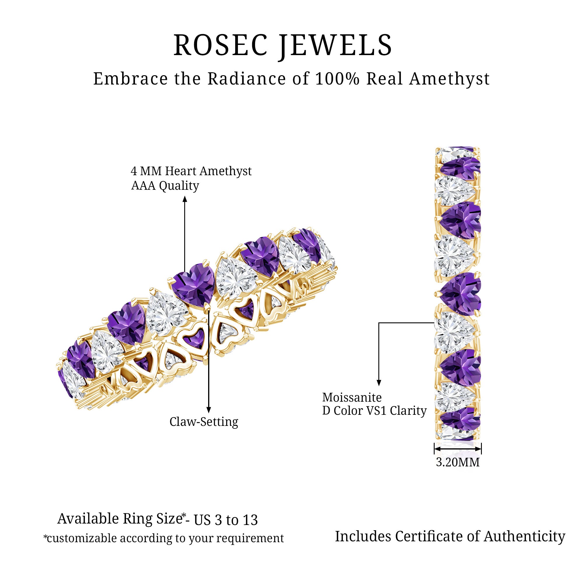 Certified Natural Amethyst Heart Eternity Ring with Moissanite AAA - Rosec Jewels