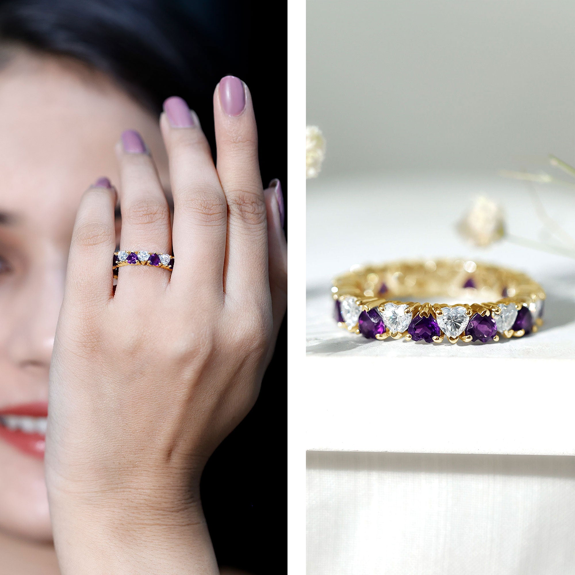 Certified Natural Amethyst Heart Eternity Ring with Moissanite AAA - Rosec Jewels