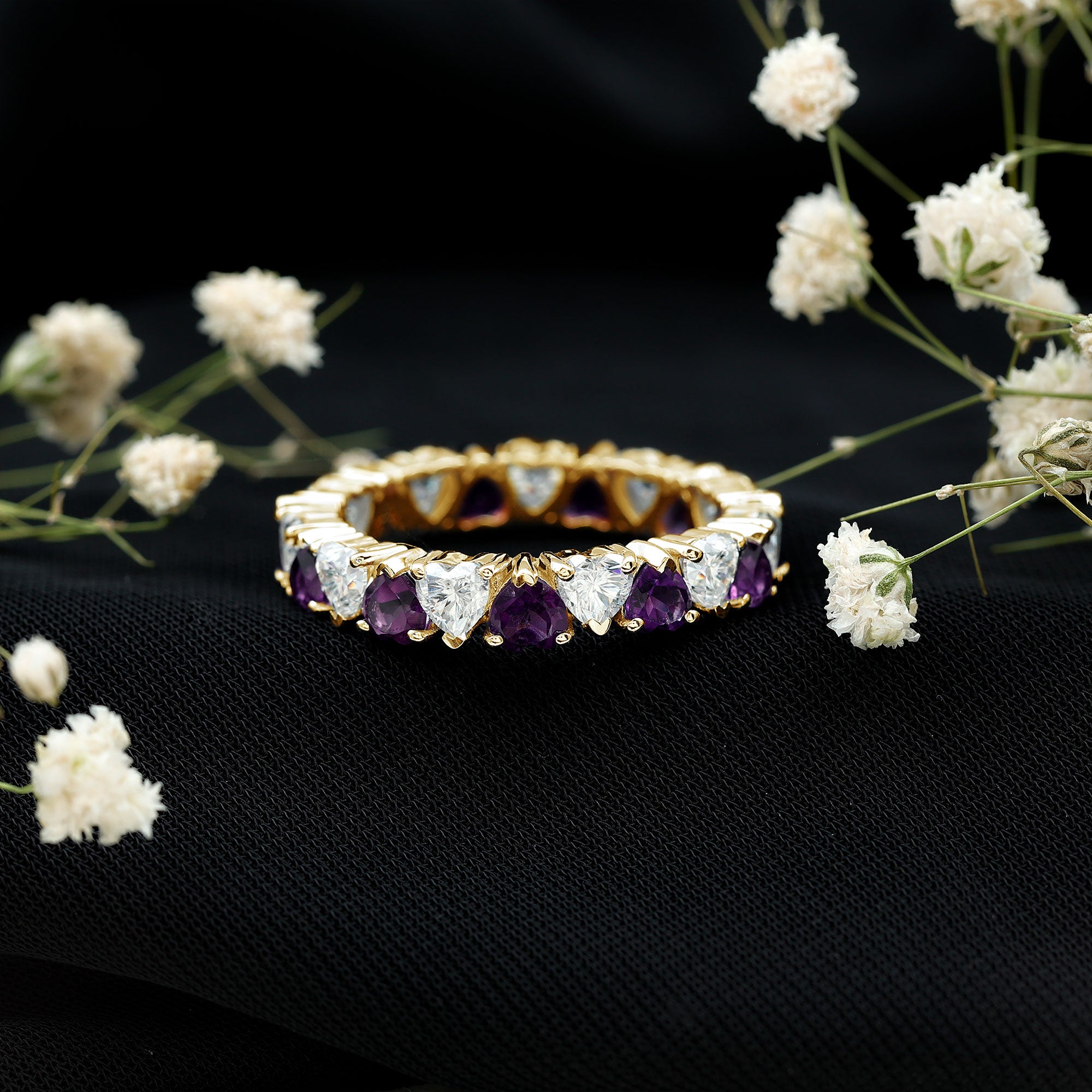 Certified Natural Amethyst Heart Eternity Ring with Moissanite AAA - Rosec Jewels