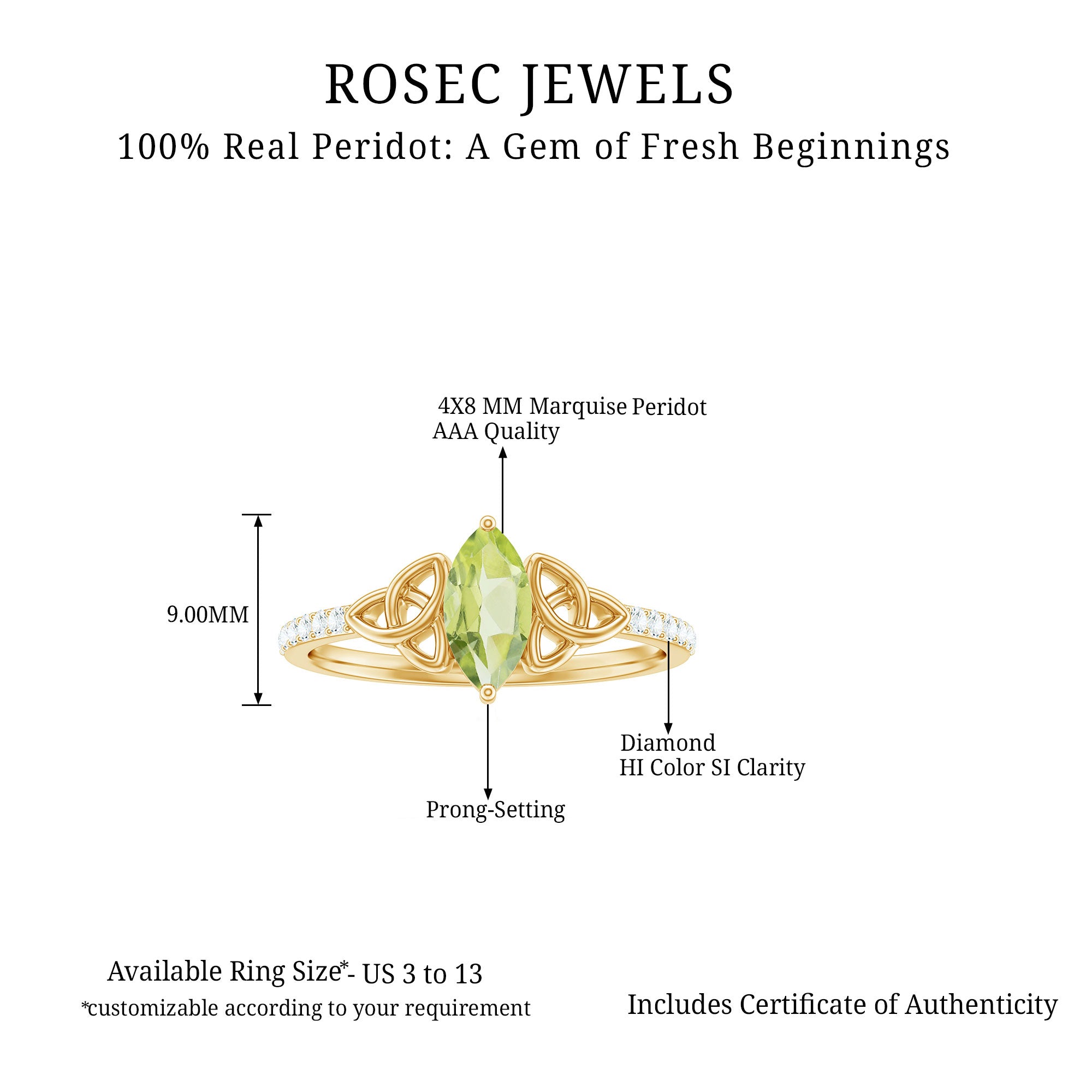 Natural 0.7 Carat Peridot Diamond Marquise Engagement Ring with Celtic Knot AAA - Rosec Jewels