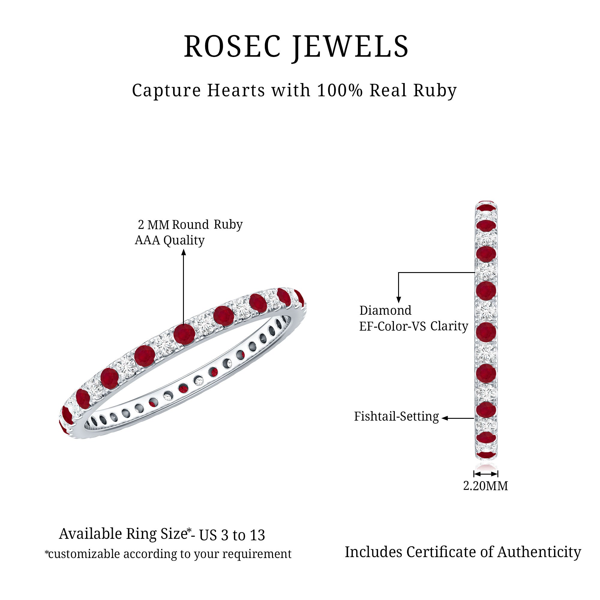 Real Ruby Full Eternity Stackable Ring with Lab Grown Diamond AAA - Rosec Jewels