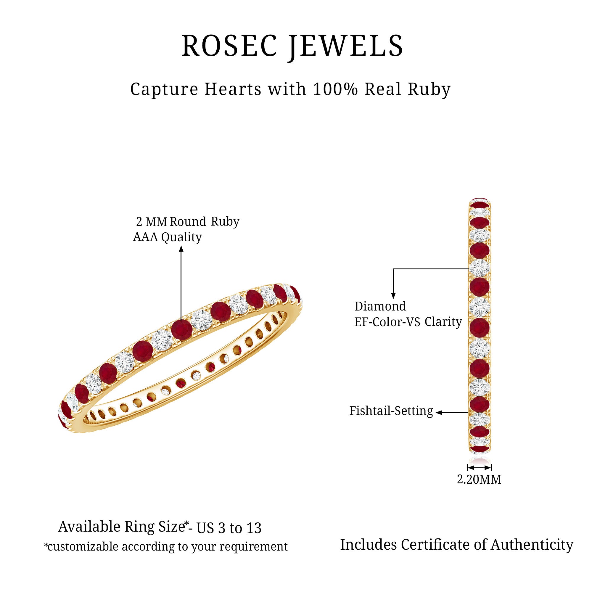 Real Ruby Full Eternity Stackable Ring with Lab Grown Diamond AAA - Rosec Jewels