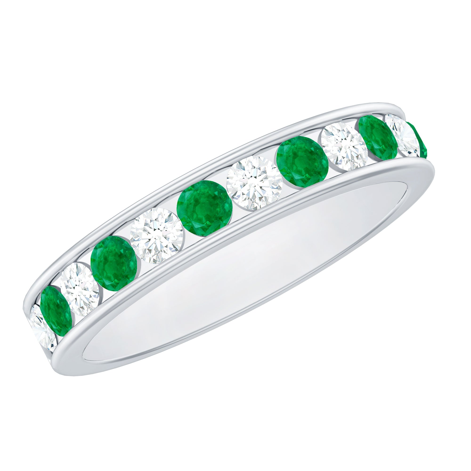 Channel Set Emerald and Diamond Half Eternity Band Ring AAA - Rosec Jewels