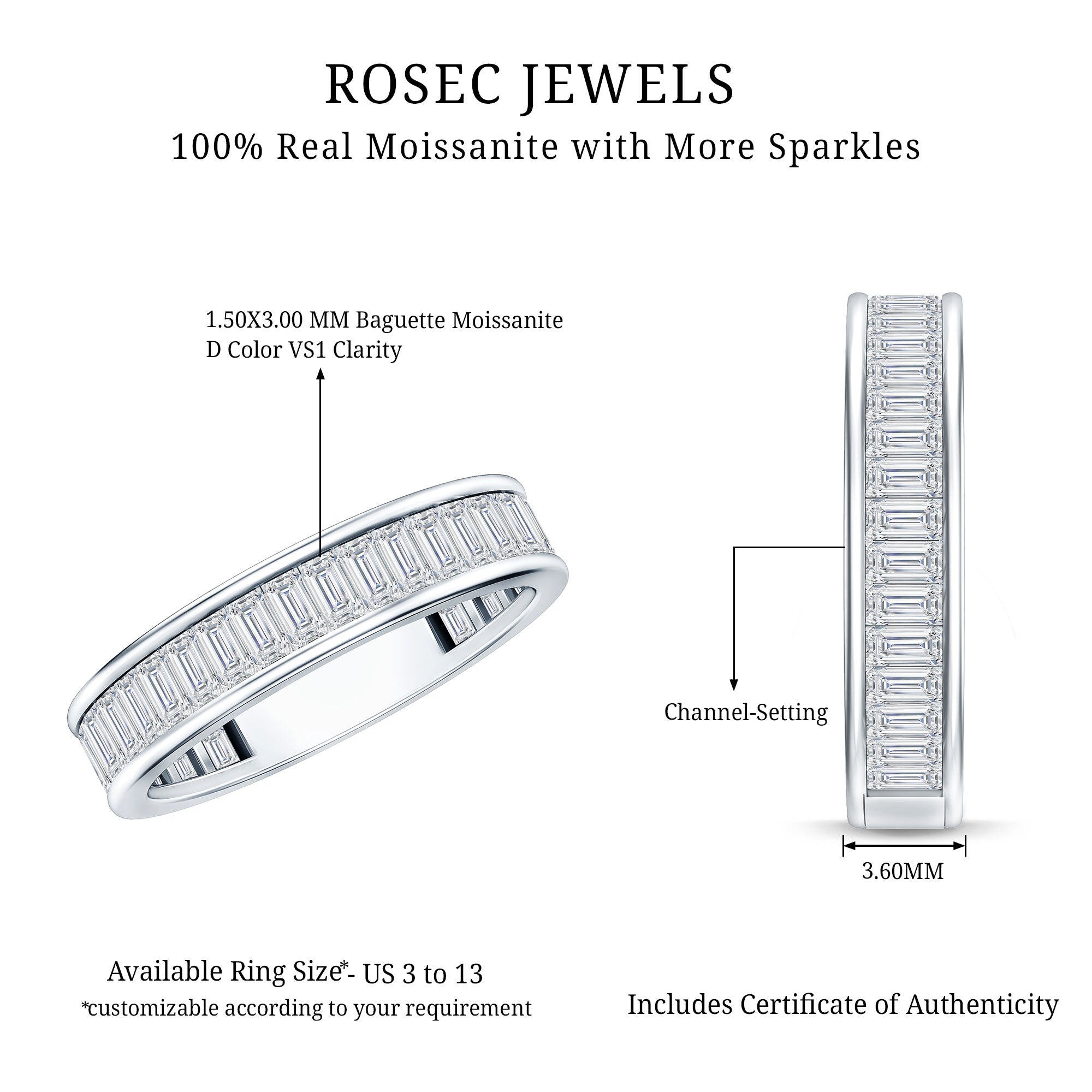 Baguette Cut Moissanite Wedding Band in Channel Setting D-VS1 - Rosec Jewels