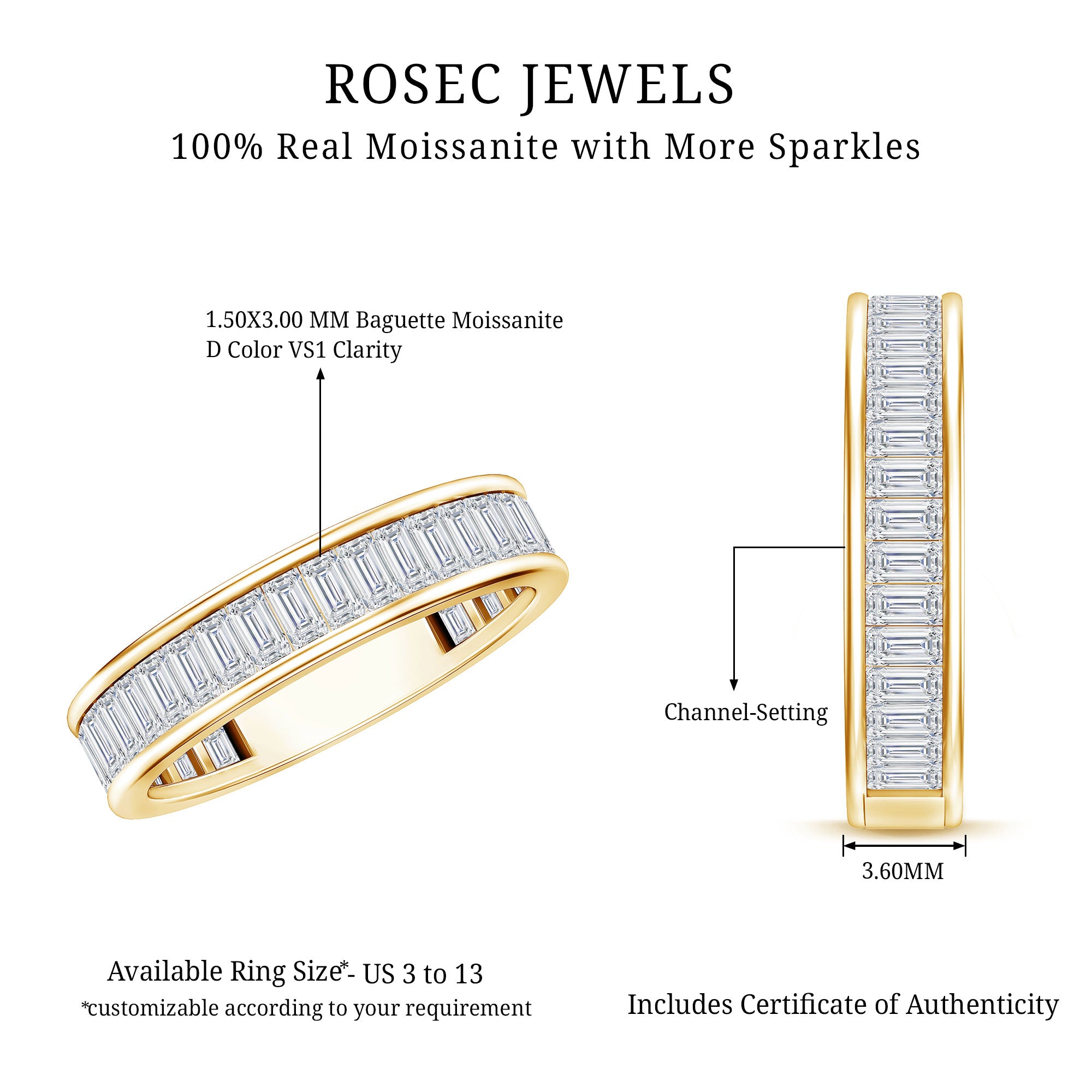 Baguette Cut Moissanite Wedding Band in Channel Setting D-VS1 - Rosec Jewels