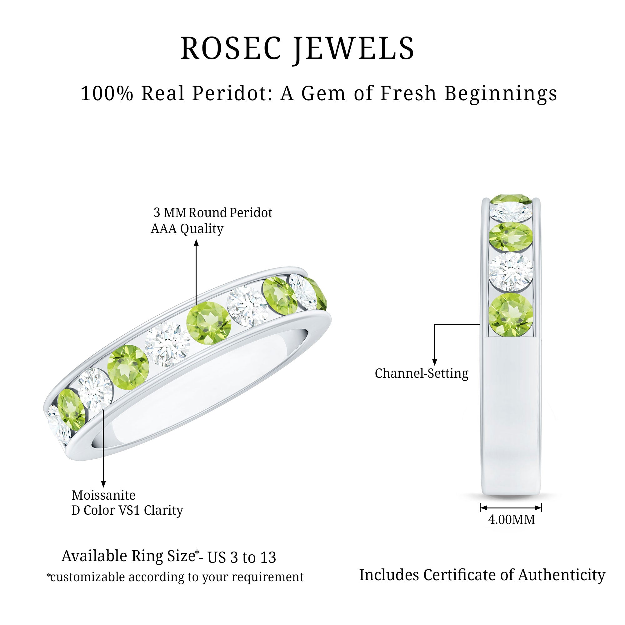 Channel Set Peridot and Diamond Half Eternity Ring for Women AAA - Rosec Jewels