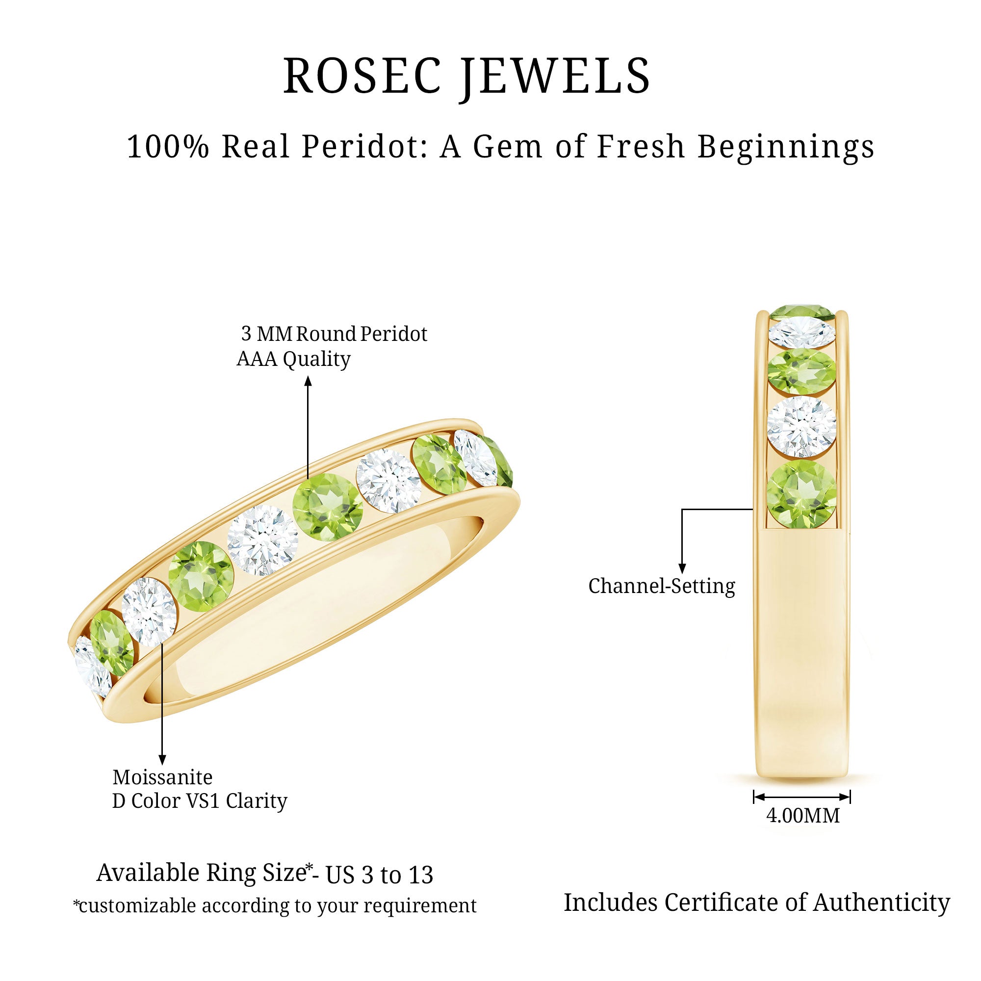 Channel Set Peridot and Diamond Half Eternity Ring for Women AAA - Rosec Jewels