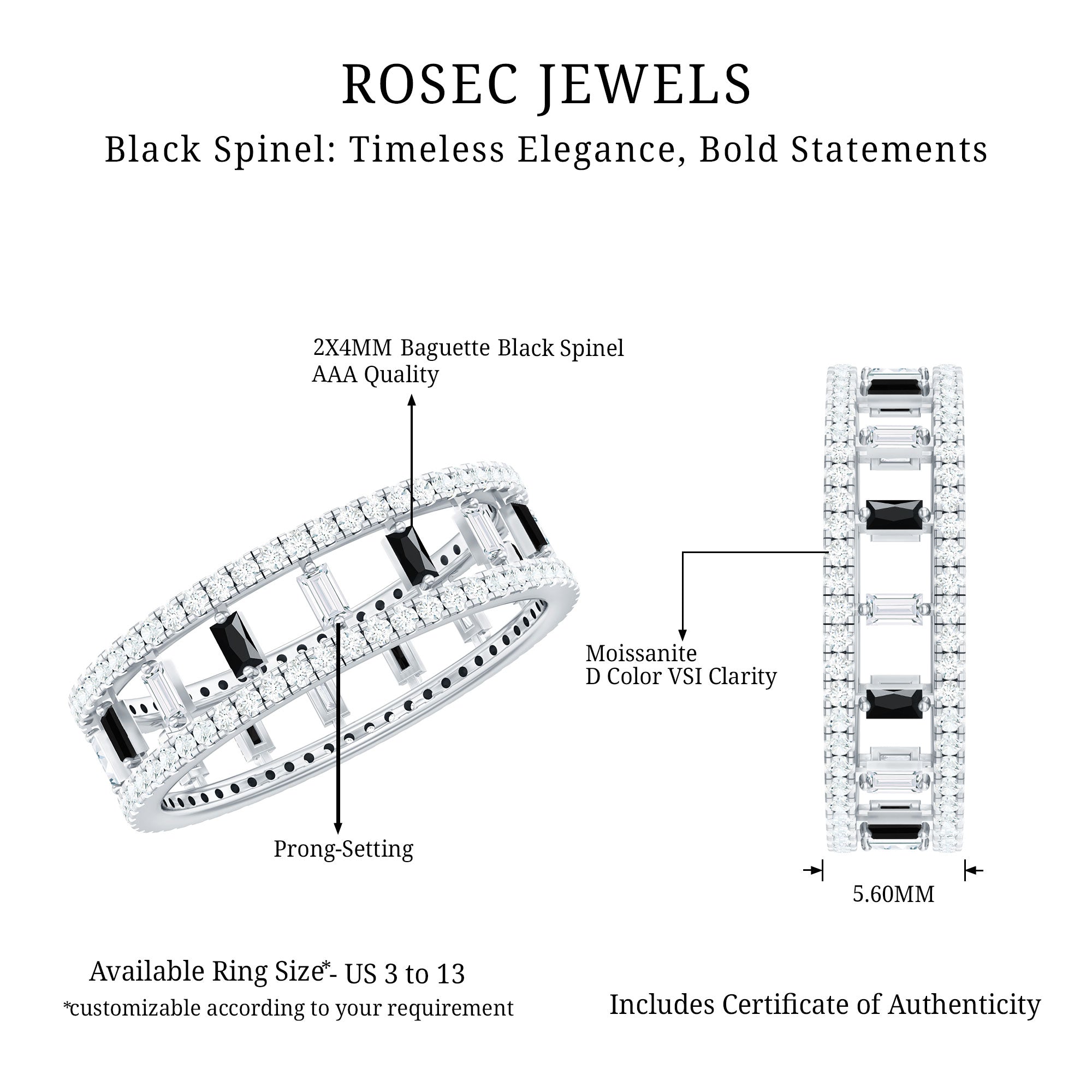 Baguette Cut Black Spinel and Moissanite Wedding Band AAA - Rosec Jewels