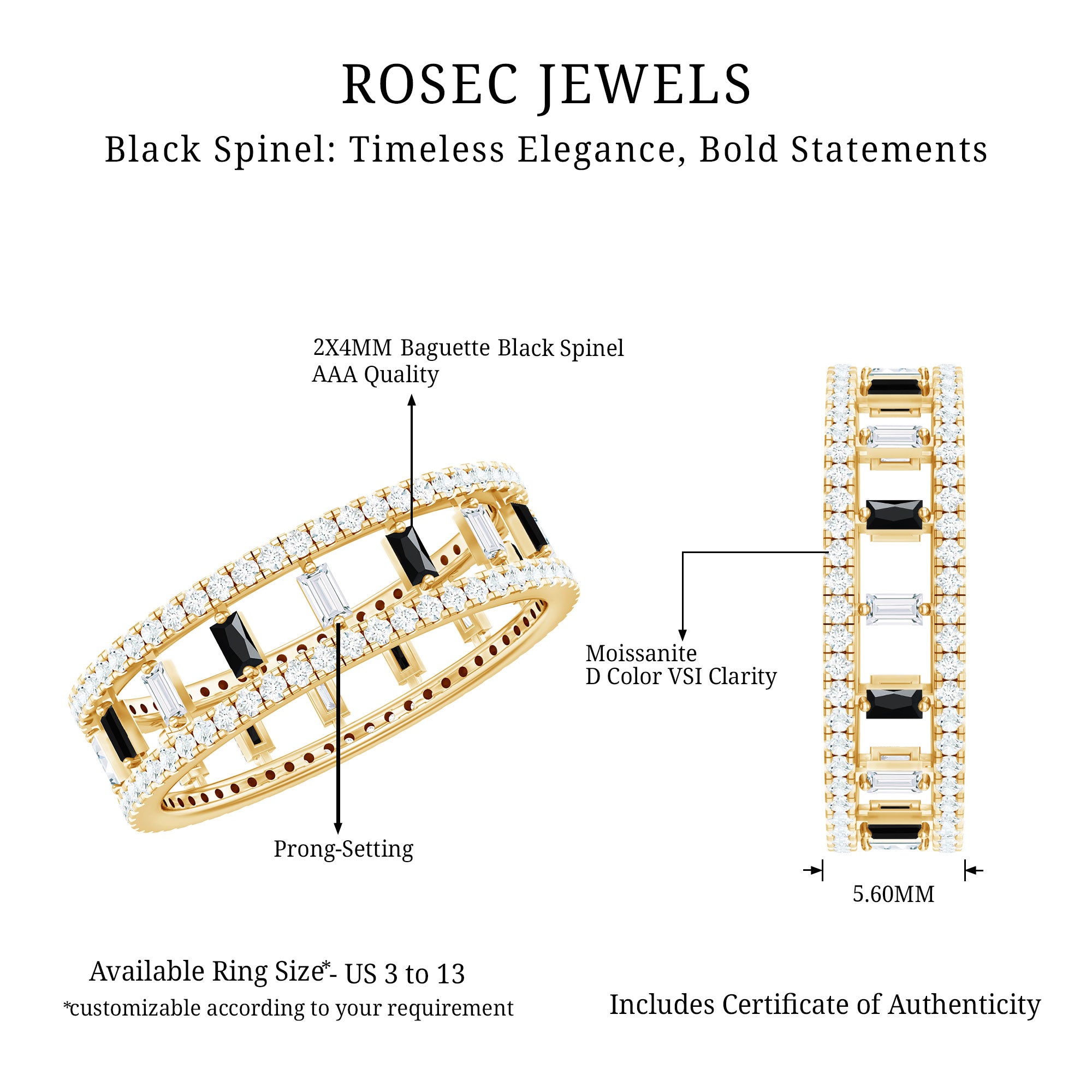 Baguette Cut Black Spinel and Moissanite Wedding Band AAA - Rosec Jewels
