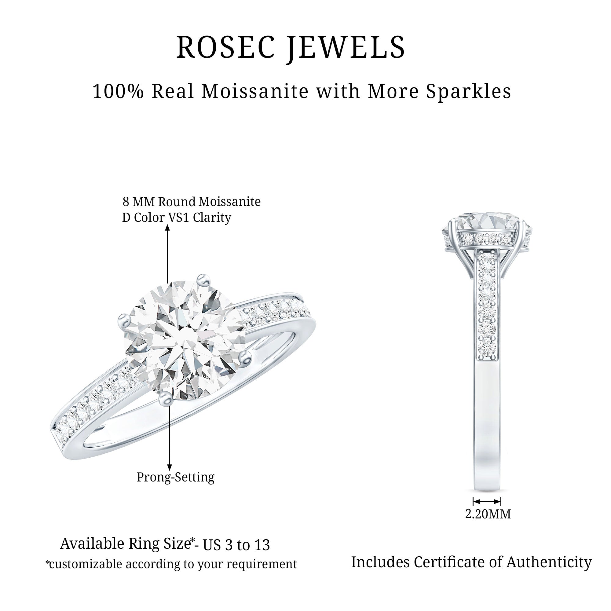 2.25 CT Round Cut Moissanite Engagement Ring in 4 Prong Setting D-VS1 - Rosec Jewels