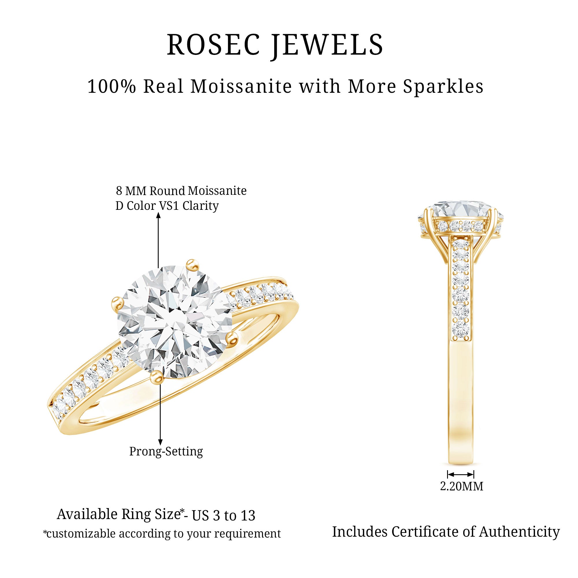 2.25 CT Round Cut Moissanite Engagement Ring in 4 Prong Setting D-VS1 - Rosec Jewels