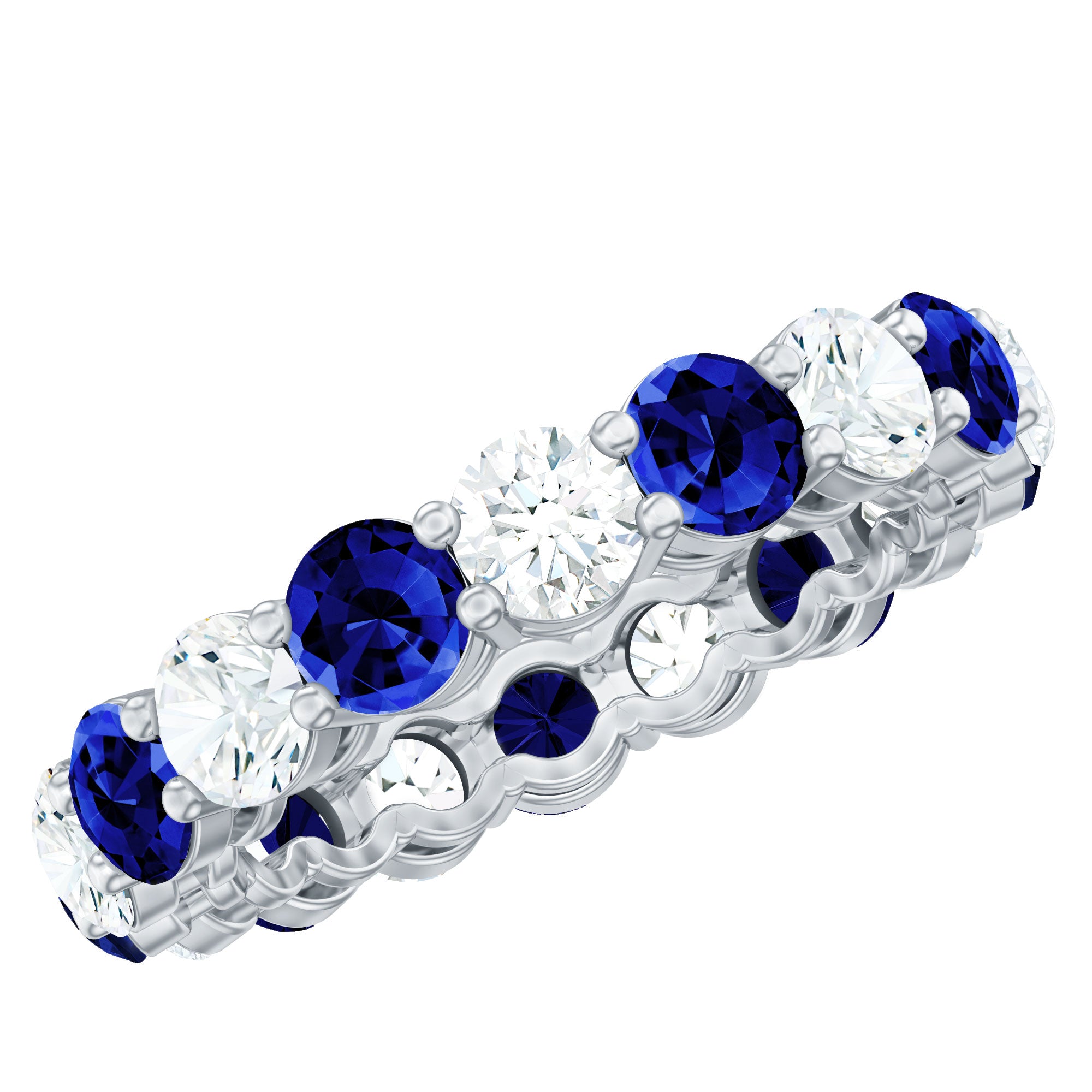 Certified Lab Blue Sapphire and Moissanite Round Eternity Band Ring