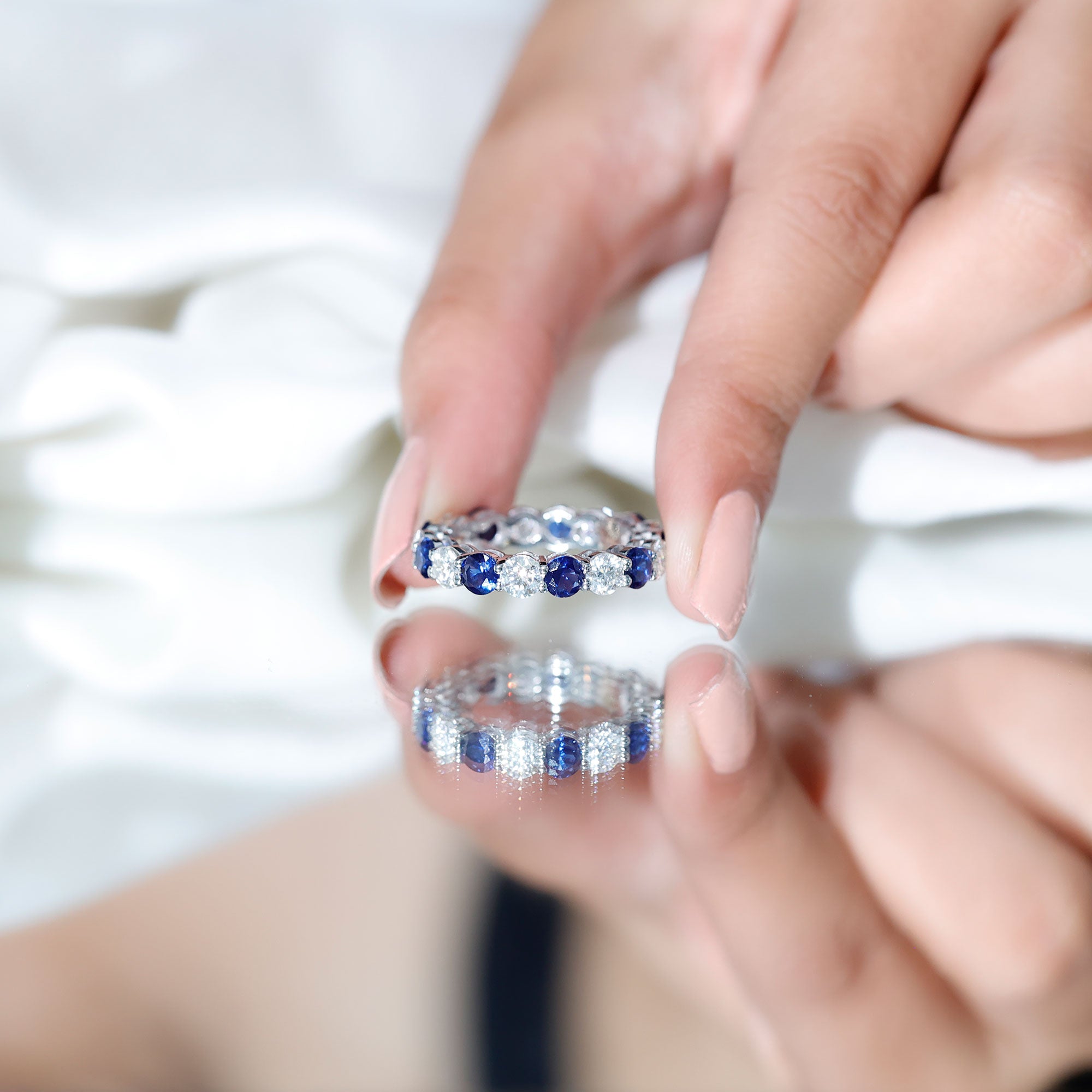 Certified Round Lab Grown Blue Sapphire Eternity Band Ring with Moissanite AAAA - Rosec Jewels