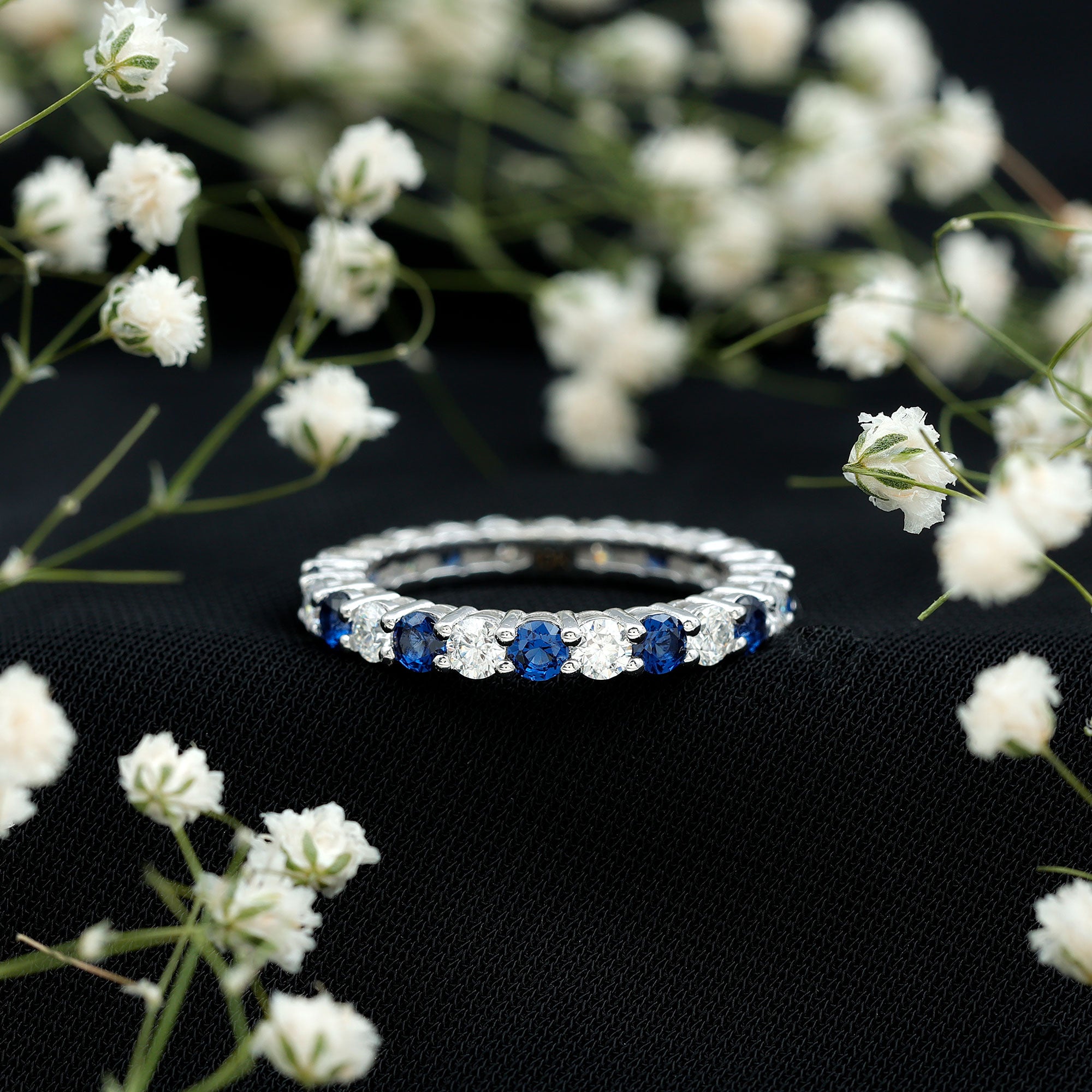 Certified Round Lab Grown Blue Sapphire Eternity Band Ring with Moissanite AAAA - Rosec Jewels