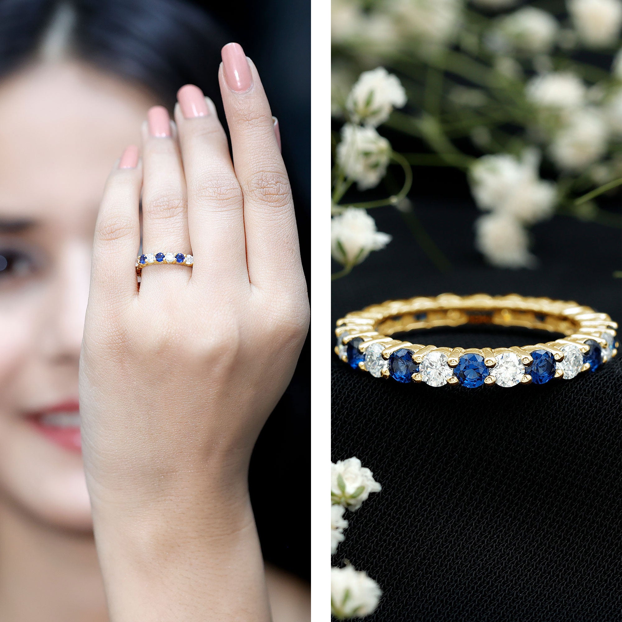 Certified Round Lab Grown Blue Sapphire Eternity Band Ring with Moissanite AAAA - Rosec Jewels