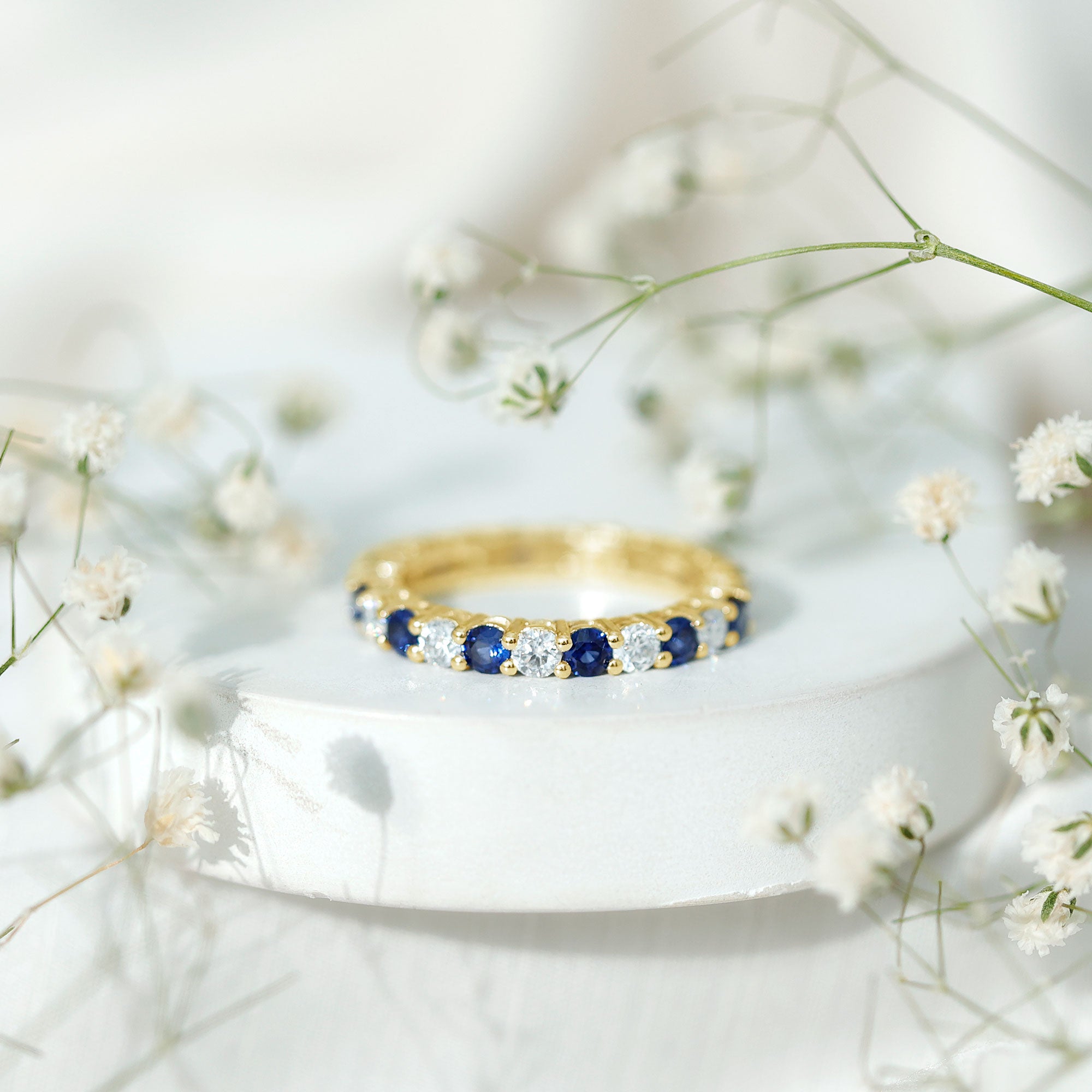 Certified Round Lab Grown Blue Sapphire Eternity Band Ring with Moissanite AAAA - Rosec Jewels