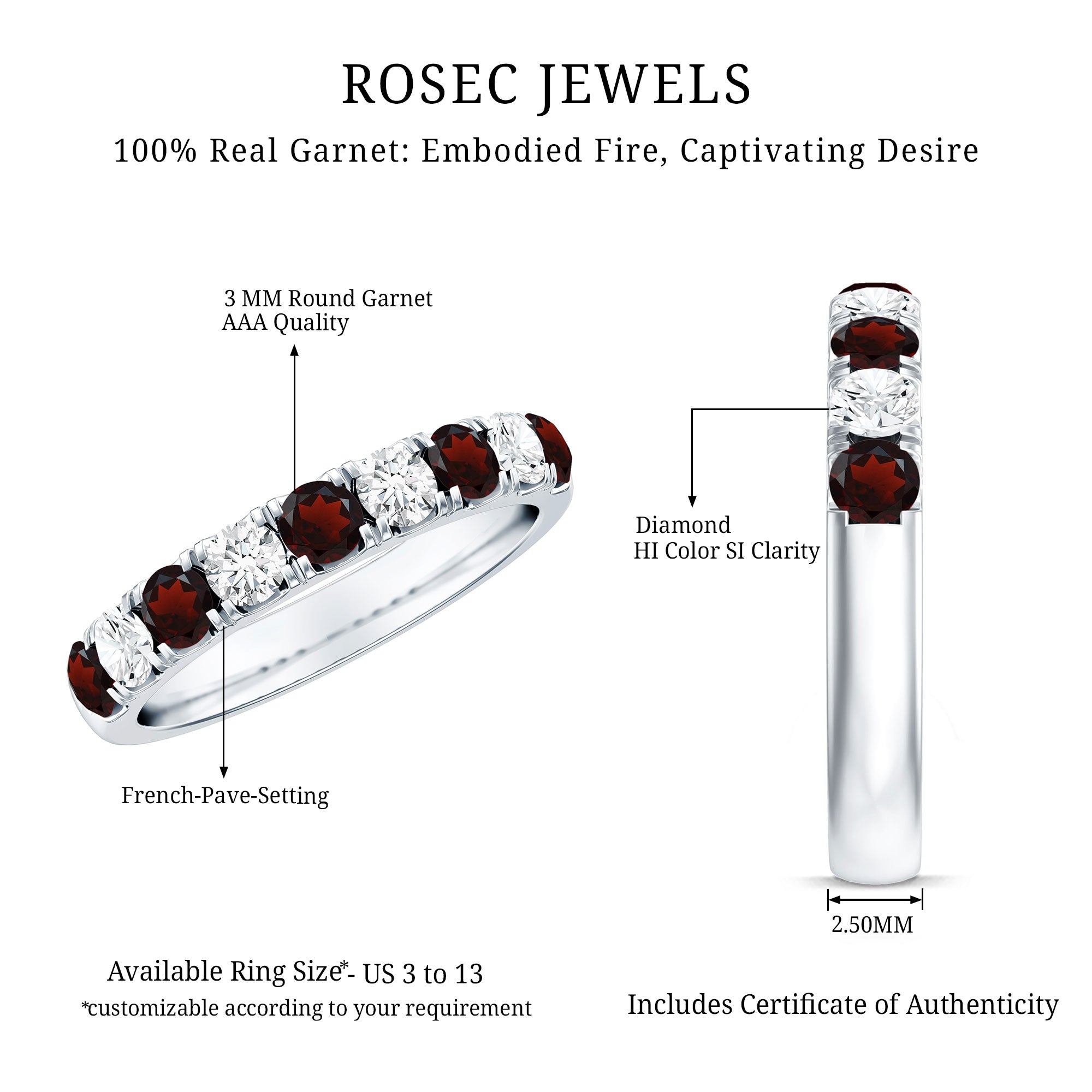 Genuine Garnet Diamond Half Eternity Wedding Ring AAA - Rosec Jewels