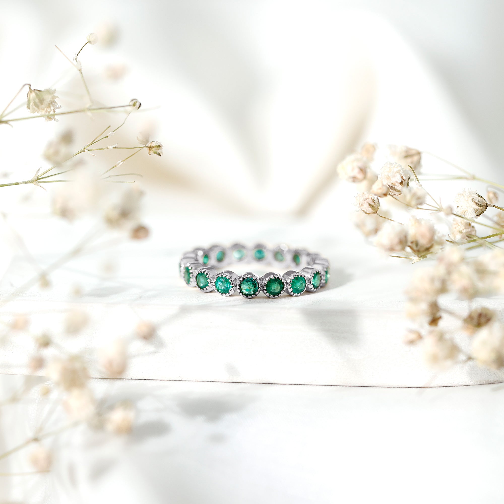 Milgrain Bezel Set Round Emerald Eternity Wedding Band AAA - Rosec Jewels