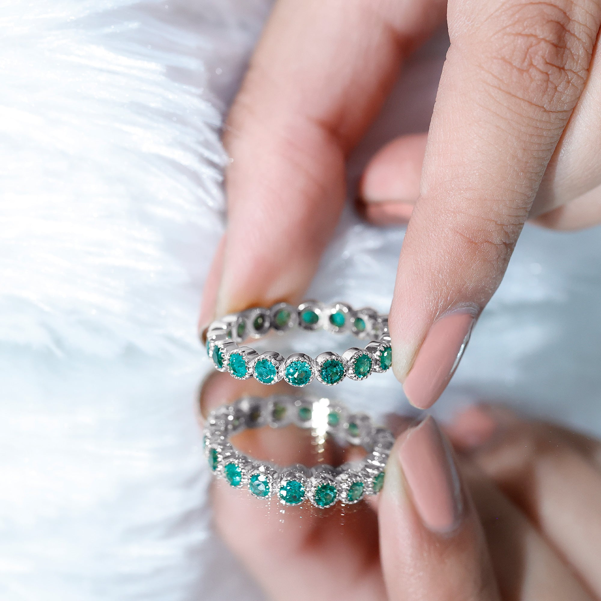Milgrain Bezel Set Round Emerald Eternity Wedding Band AAA - Rosec Jewels