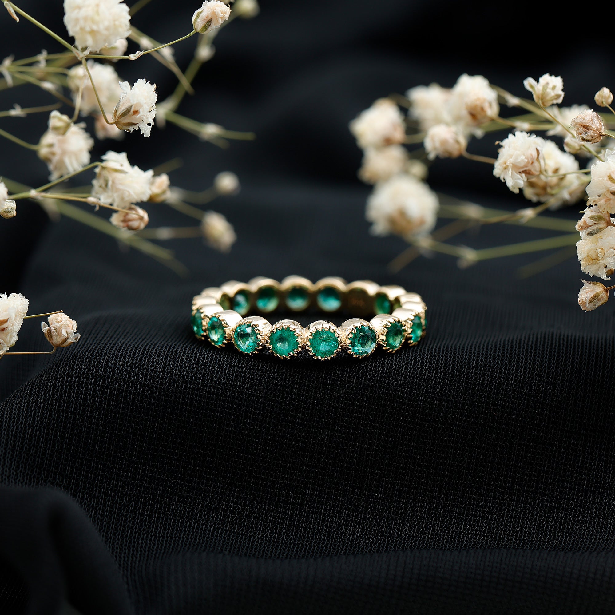 Milgrain Bezel Set Round Emerald Eternity Wedding Band AAA - Rosec Jewels