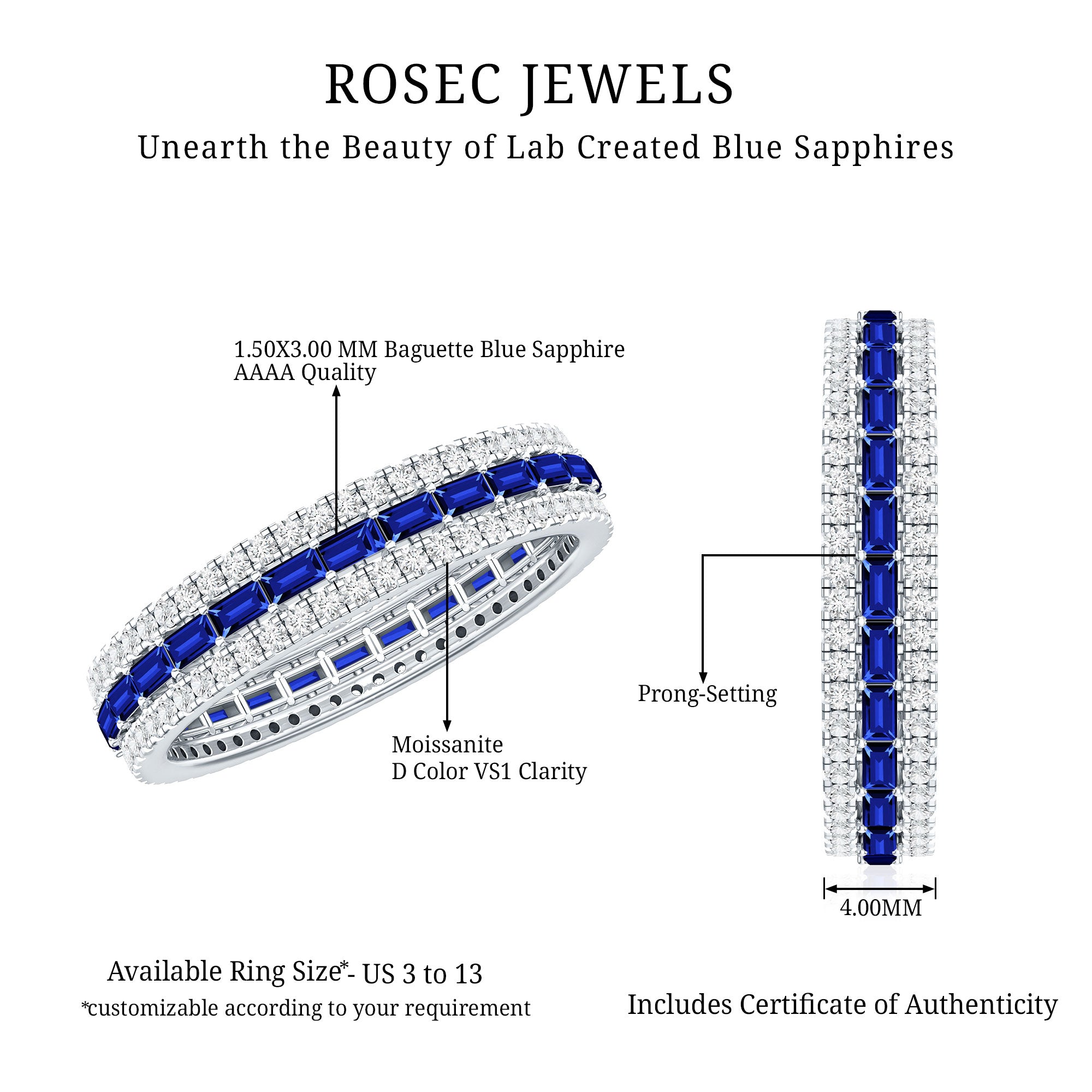 Baguette Cut Lab Grown Blue Sapphire and Moissanite Wedding Band AAAA - Rosec Jewels