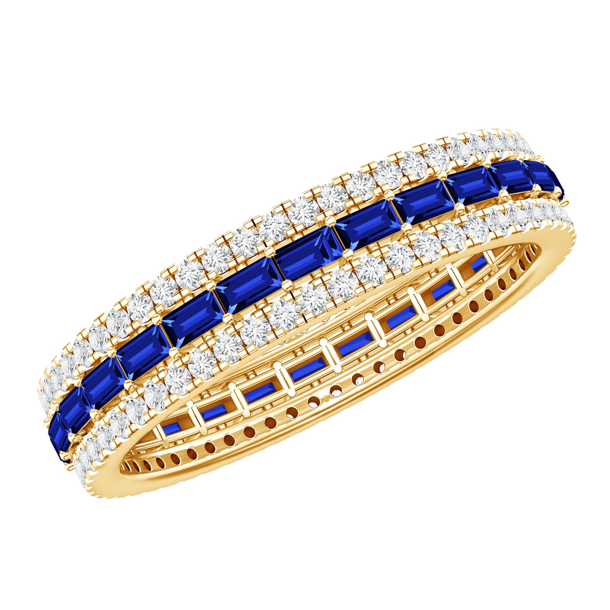 Baguette Cut Lab Grown Blue Sapphire and Moissanite Wedding Band AAAA - Rosec Jewels
