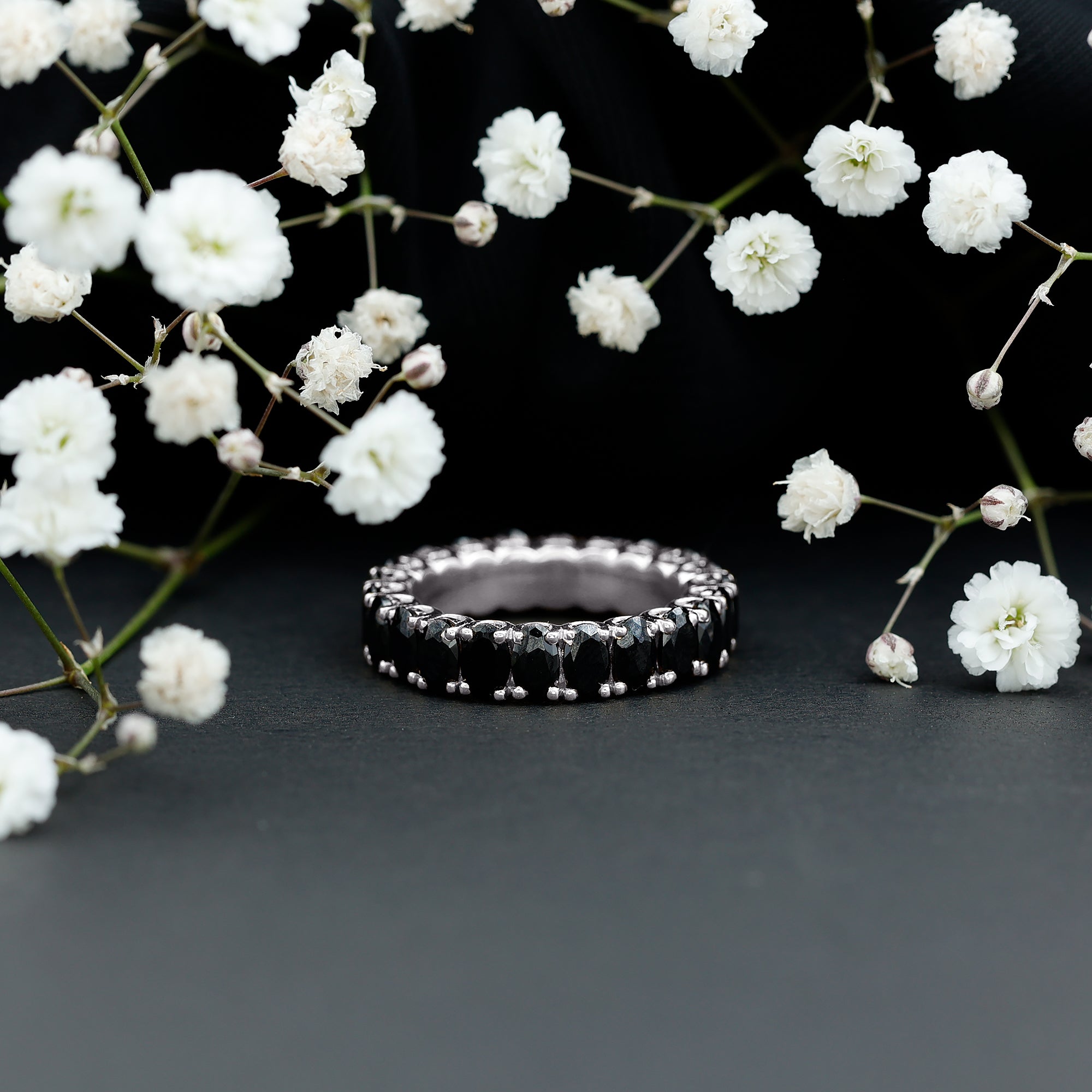 Oval Shaped Black Onyx Wedding Band for Women AAA - Rosec Jewels