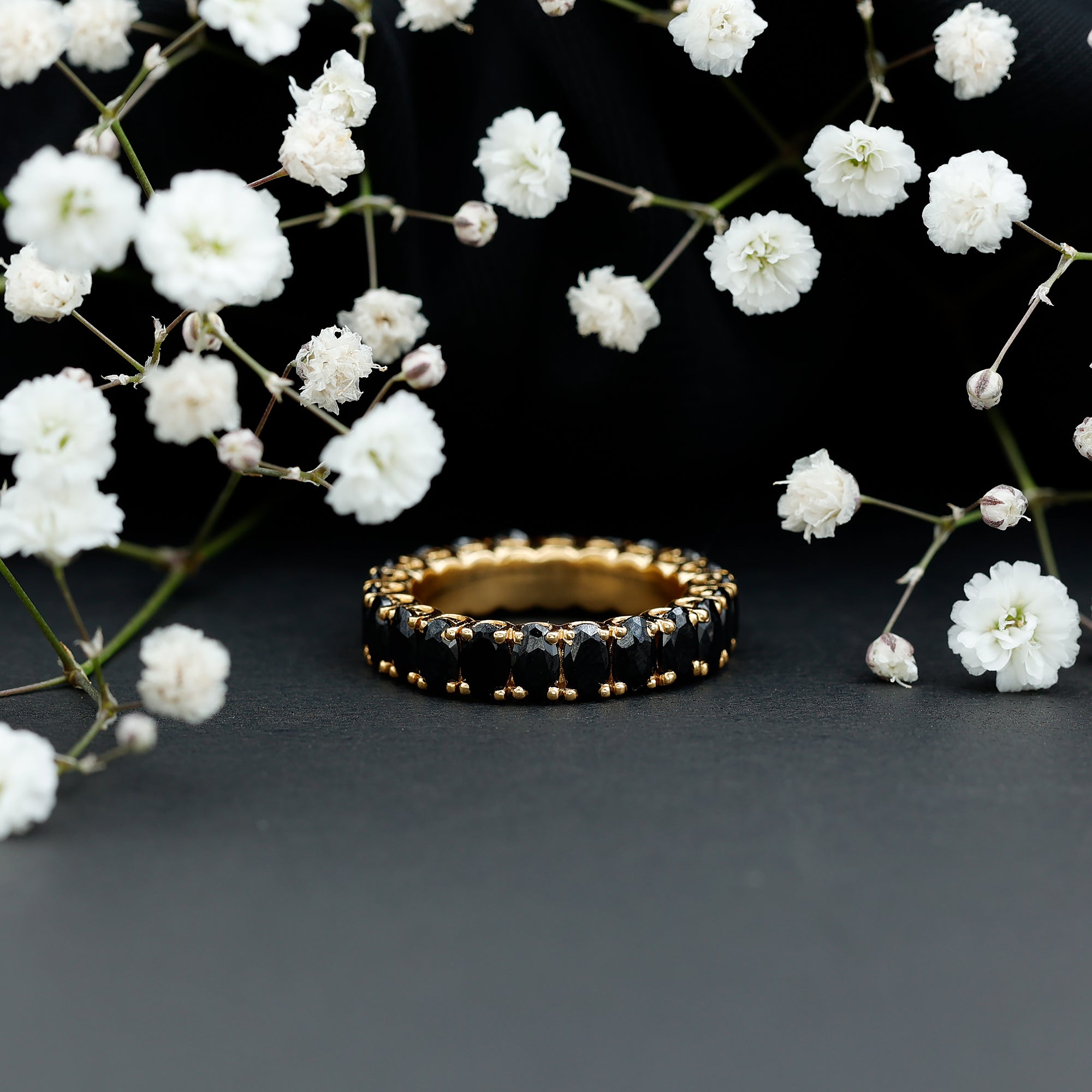 Oval Shaped Black Onyx Wedding Band for Women AAA - Rosec Jewels