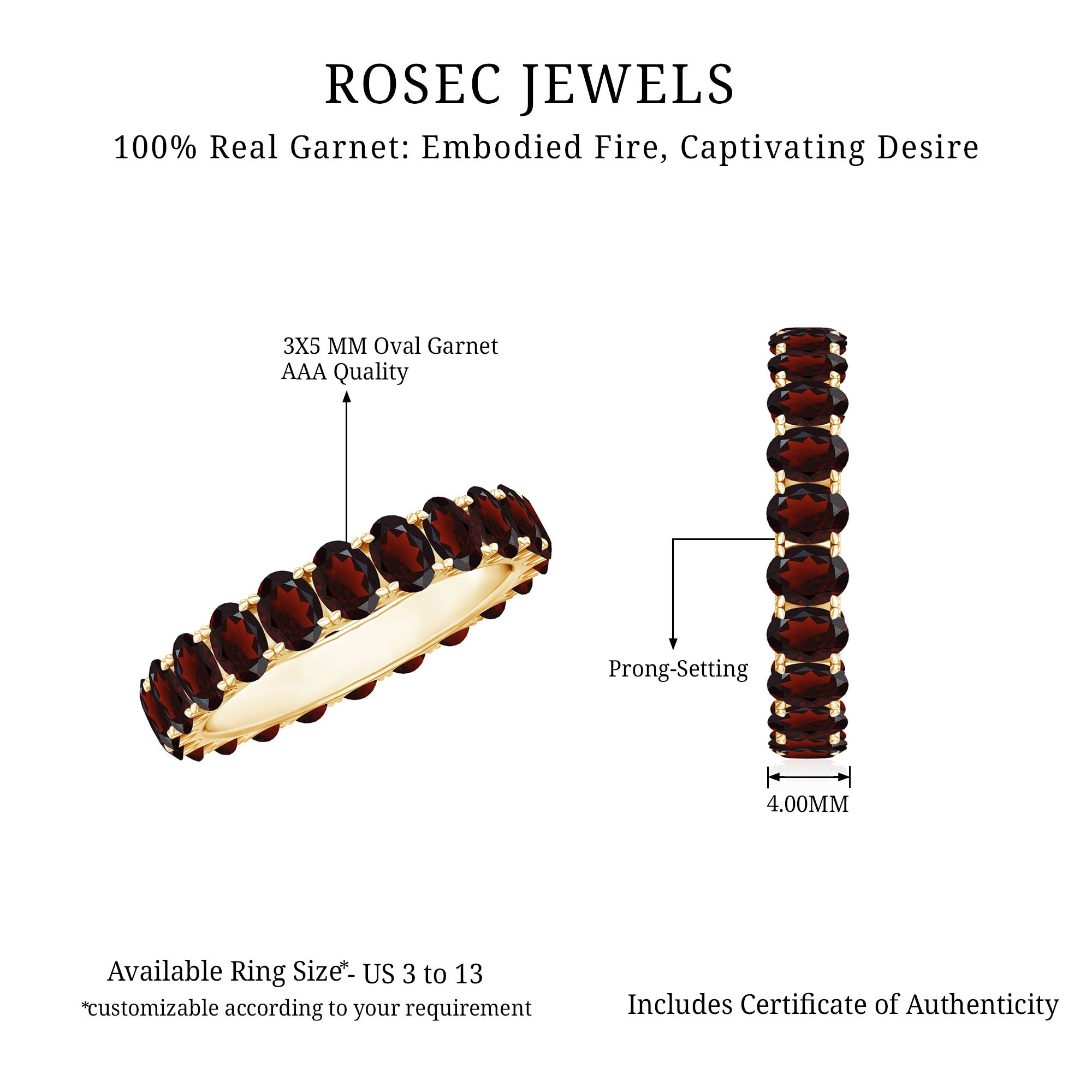 Certified Natural Oval Garnet Eternity Ring for Wedding AAA - Rosec Jewels