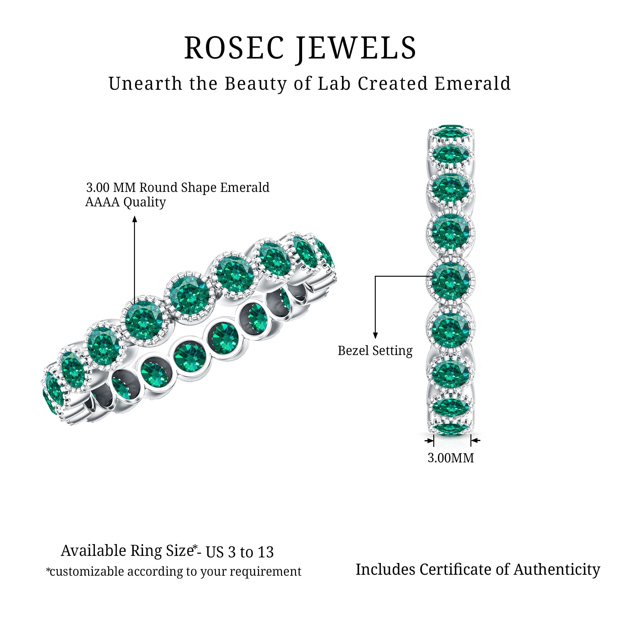 Certified Lab Created Emerald Full Eternity Band Ring in Bezel Setting AAAA - Rosec Jewels