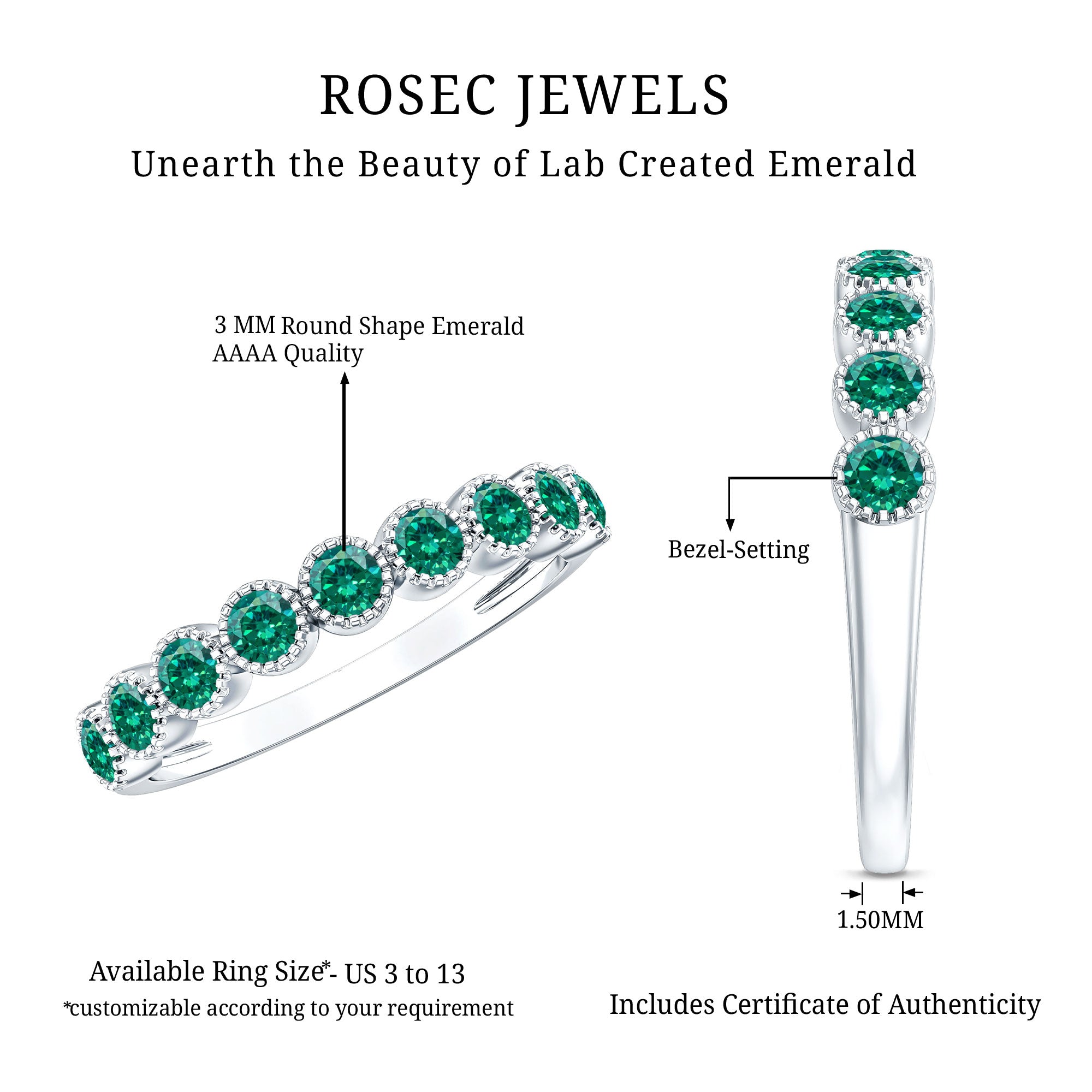 Certified Lab Created Emerald Full Eternity Band Ring in Bezel Setting AAAA - Rosec Jewels