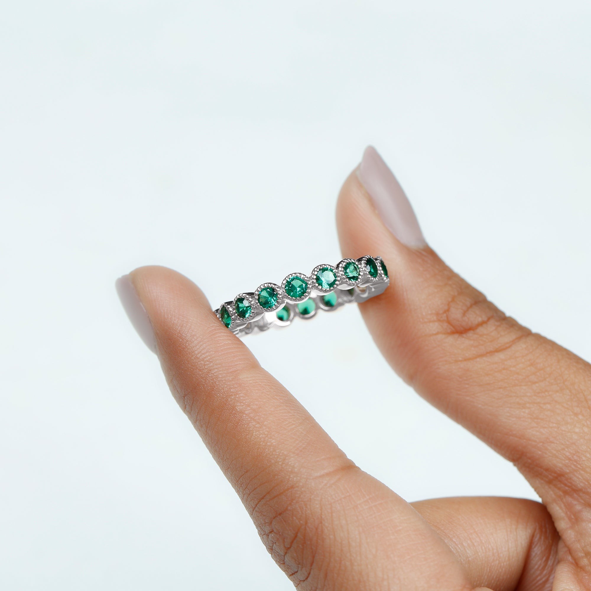 Certified Lab Created Emerald Full Eternity Band Ring in Bezel Setting AAAA - Rosec Jewels