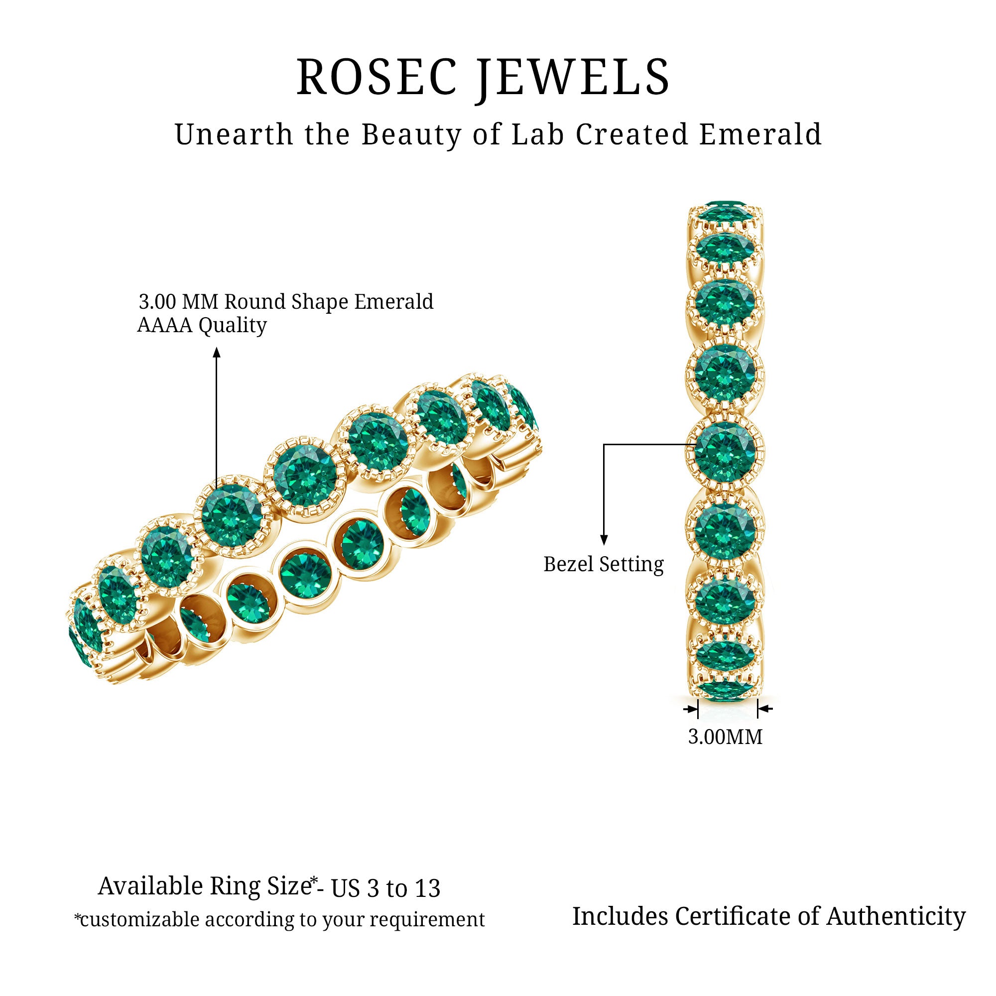 Certified Lab Created Emerald Full Eternity Band Ring in Bezel Setting AAAA - Rosec Jewels