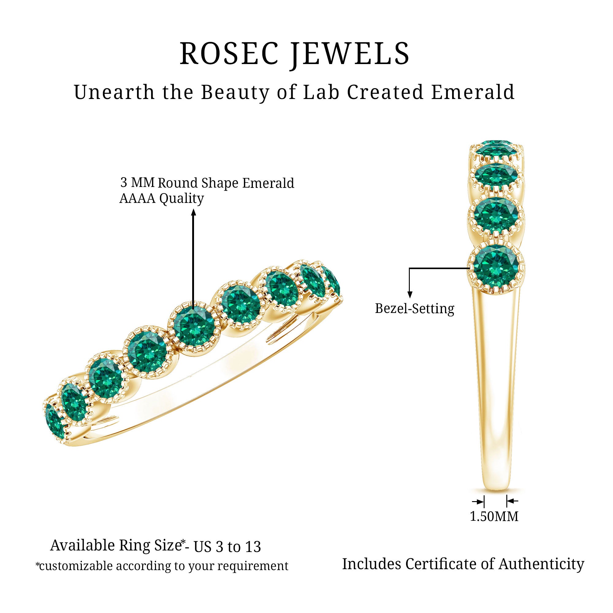 Certified Lab Created Emerald Full Eternity Band Ring in Bezel Setting AAAA - Rosec Jewels