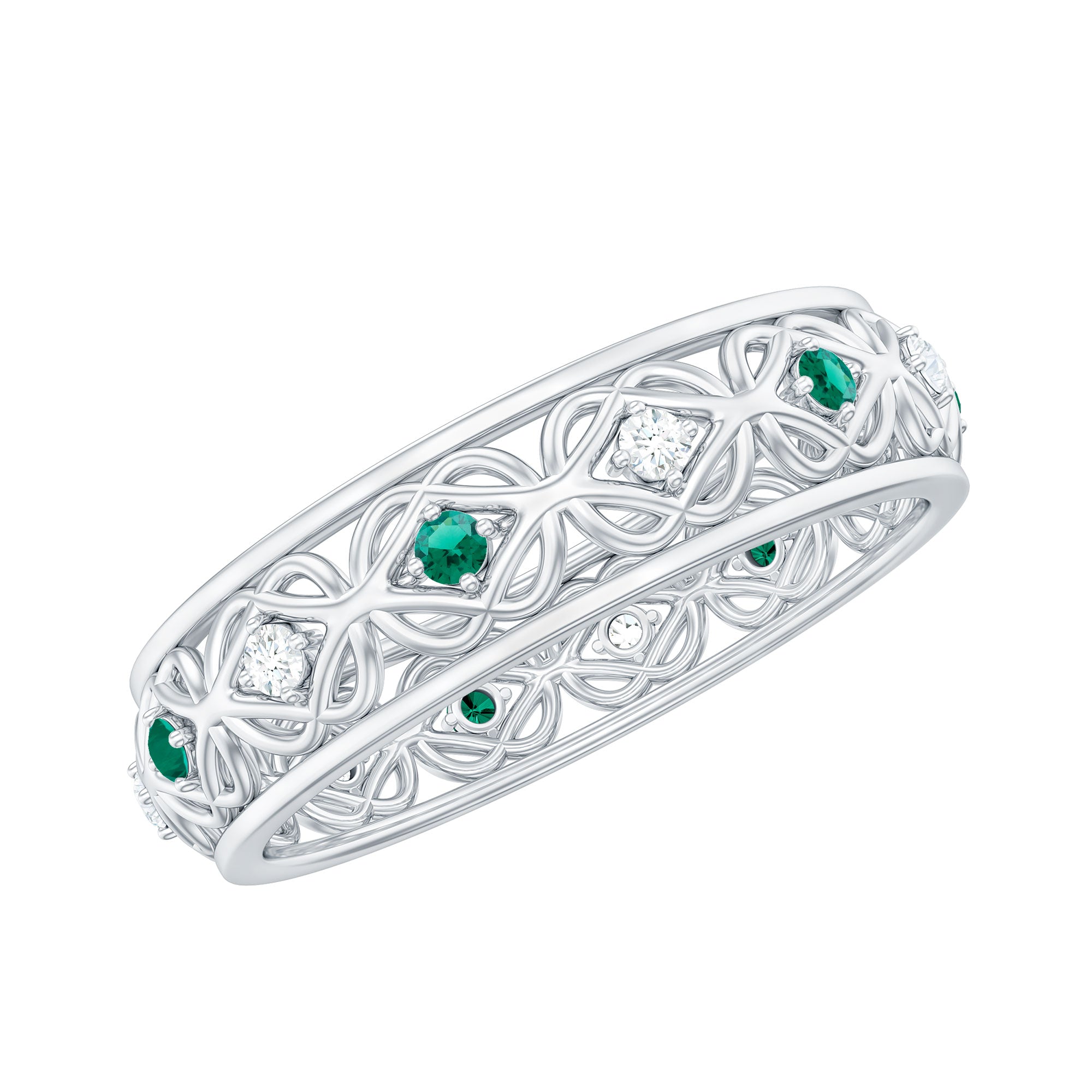 Lab Emerald and Moissanite Vintage Wedding Band Ring