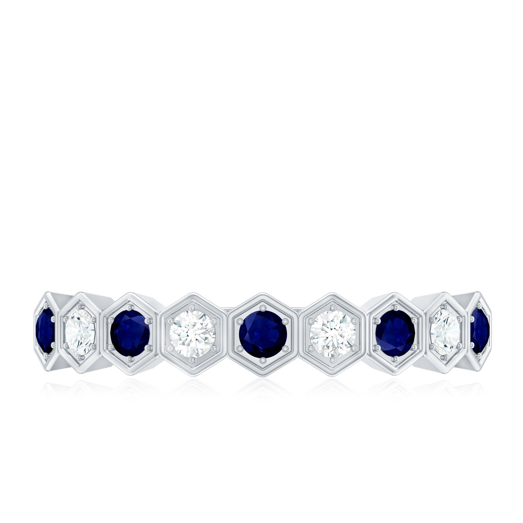 Art Deco Inspired Blue Sapphire and Diamond Geometric Half Eternity Ring AAA - Rosec Jewels