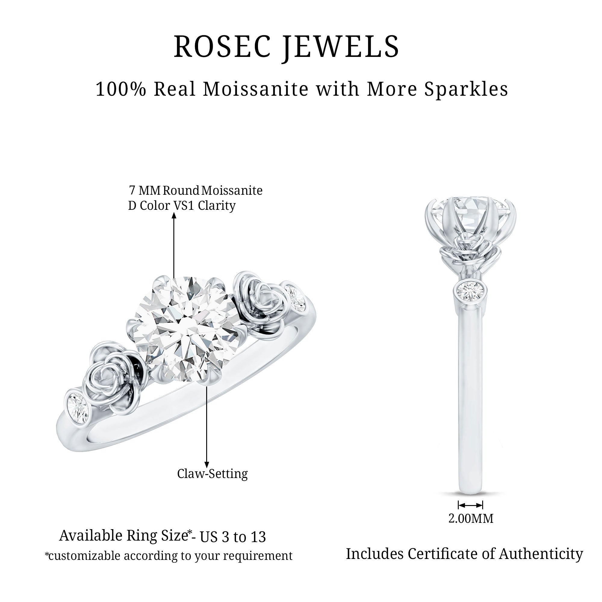 Brilliant Cut Moissanite Rose Engagement Ring For Women D-VS1 - Rosec Jewels