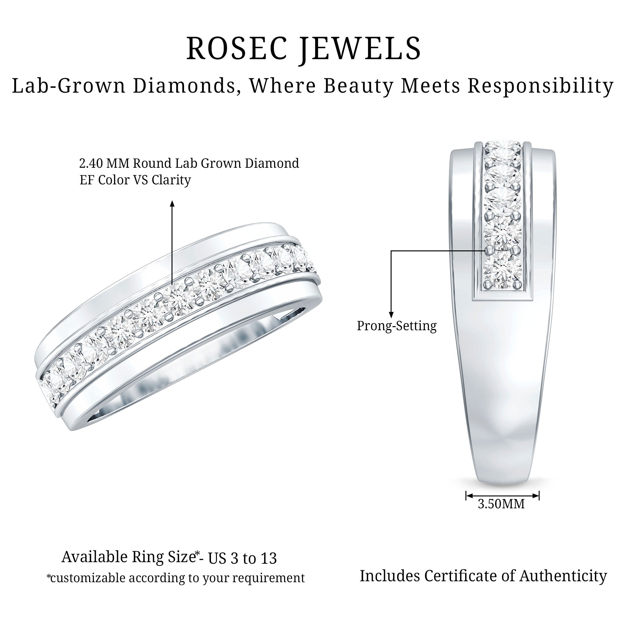 Lab Grown Diamond Half Eternity Mens Wedding Band Lab - ( EF-VS ) - Rosec Jewels