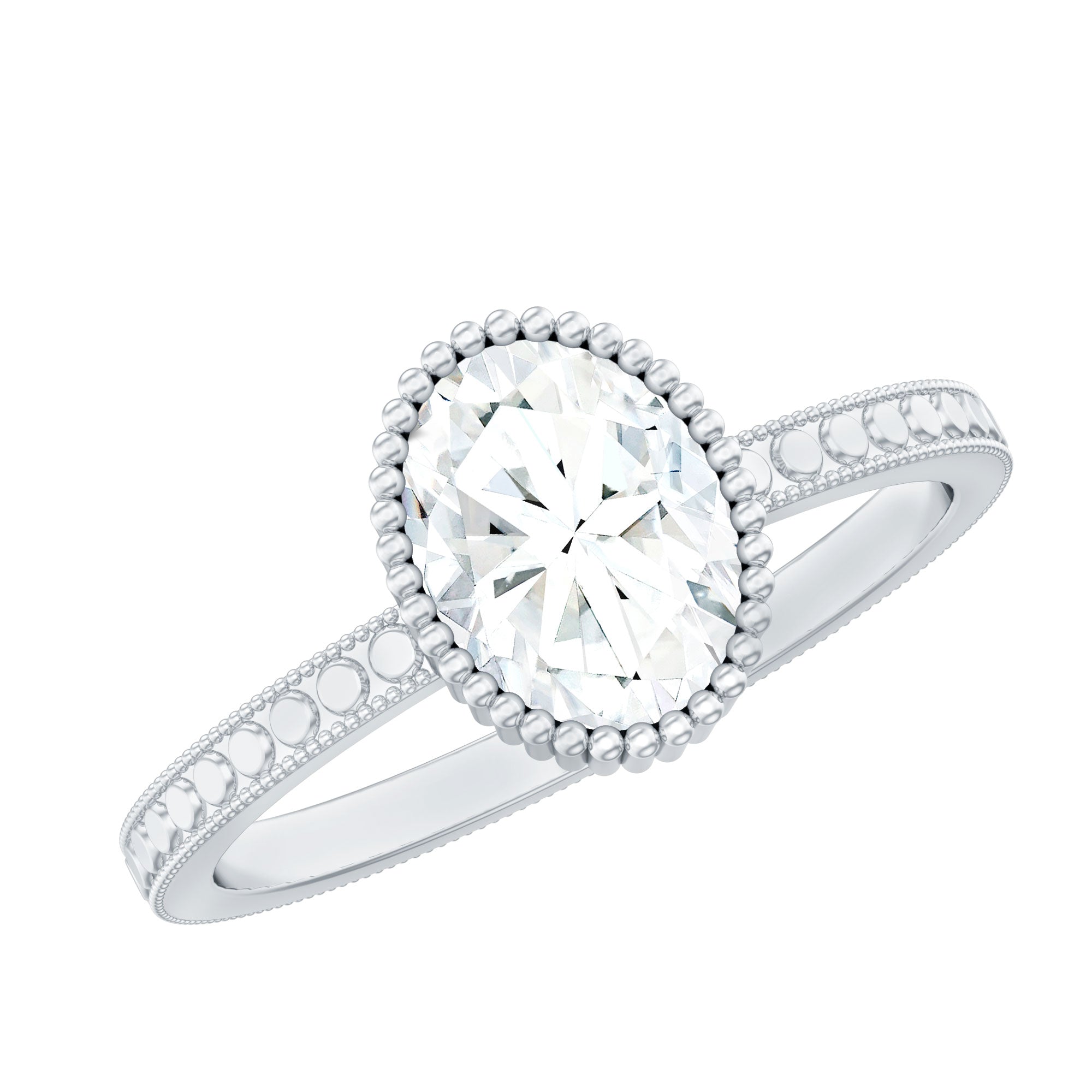 Solitaire Moissanite Oval Engagement Ring with Beaded Detailing