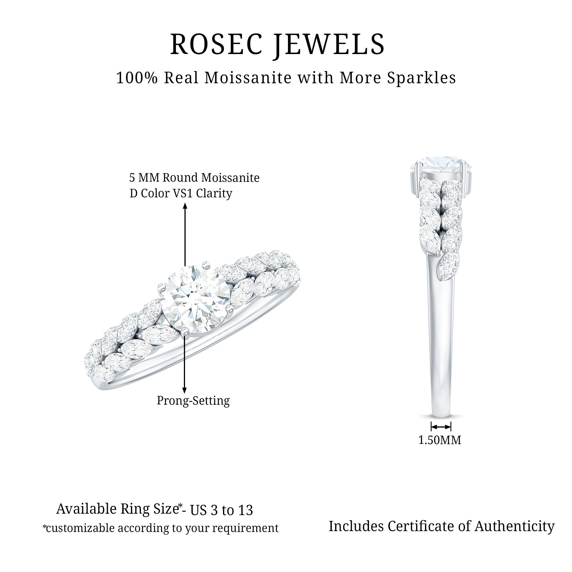 Round Shape Moissanite Engagement Ring with Marquise Side Stones D-VS1 - Rosec Jewels