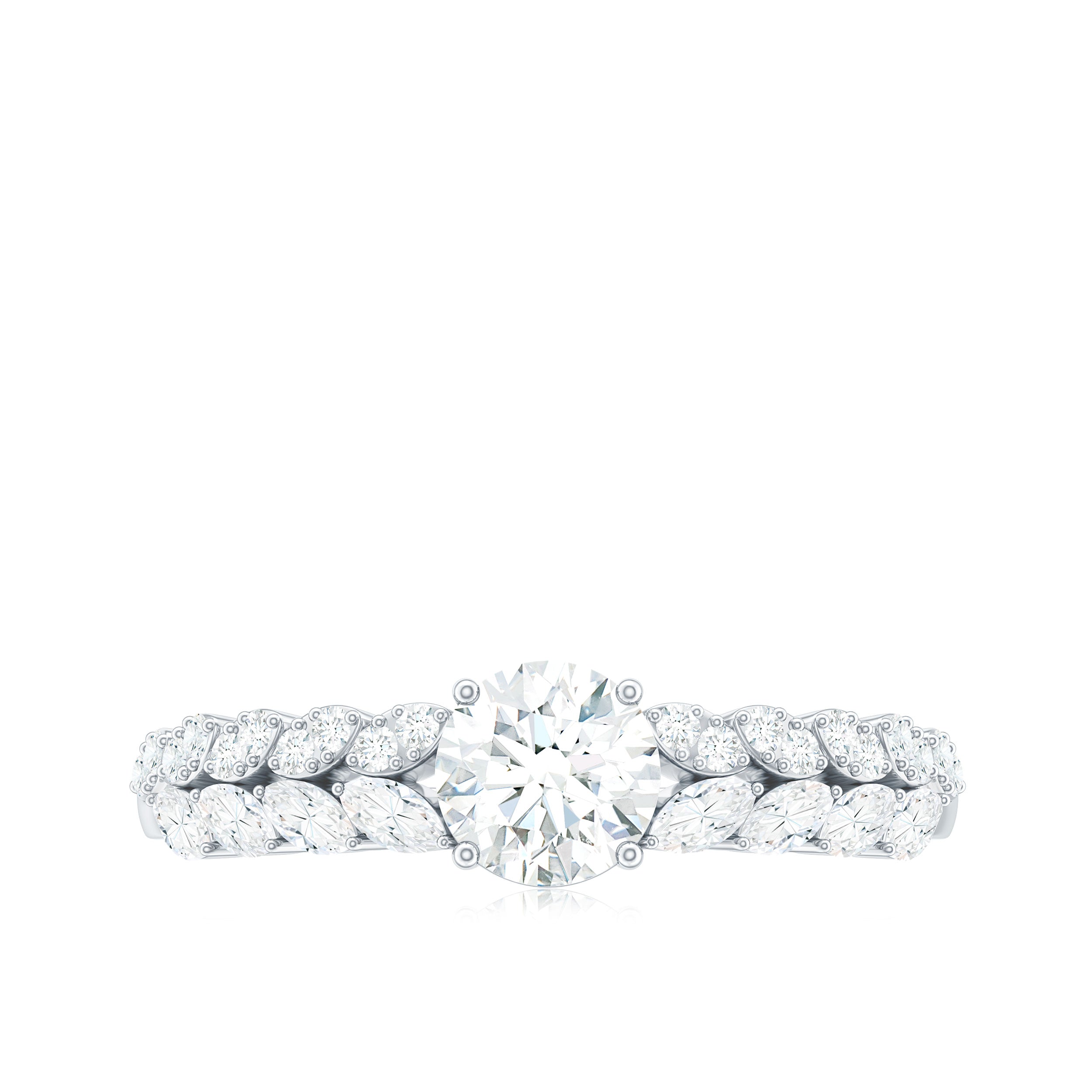 Round Shape Moissanite Engagement Ring with Marquise Side Stones D-VS1 - Rosec Jewels