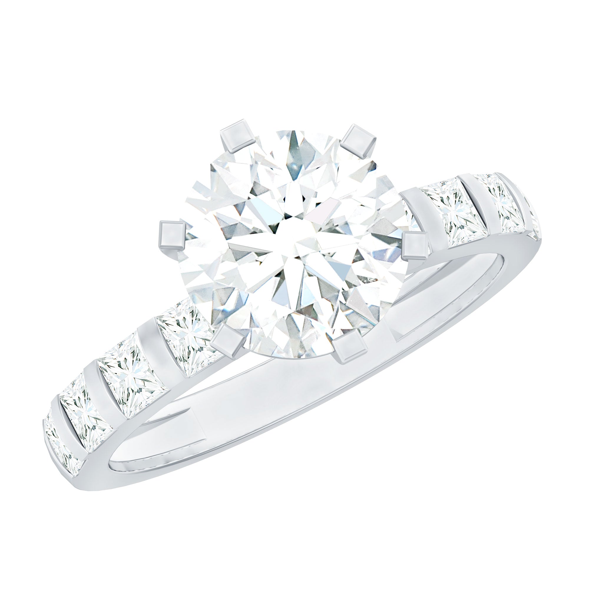 Round Cut 2 CT Moissanite Solitaire Engagement Ring with Side Stones