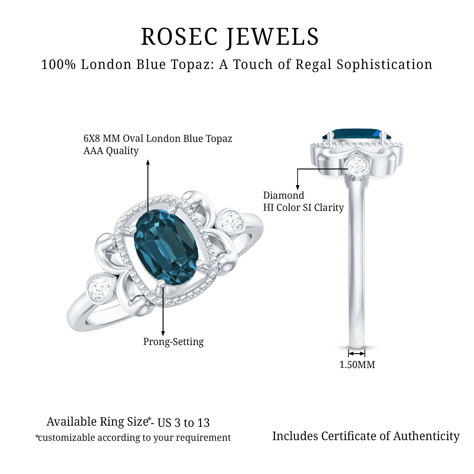 London Blue Topaz and Diamond Art Deco Engagement Ring AAA - Rosec Jewels