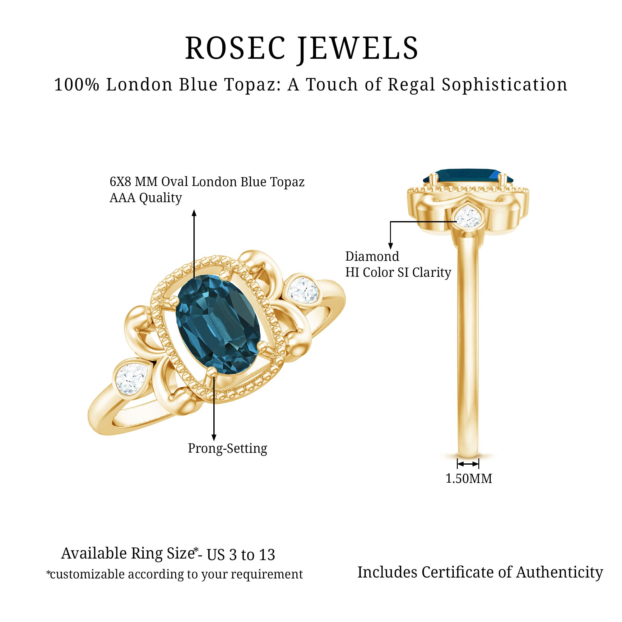 London Blue Topaz and Diamond Art Deco Engagement Ring AAA - Rosec Jewels