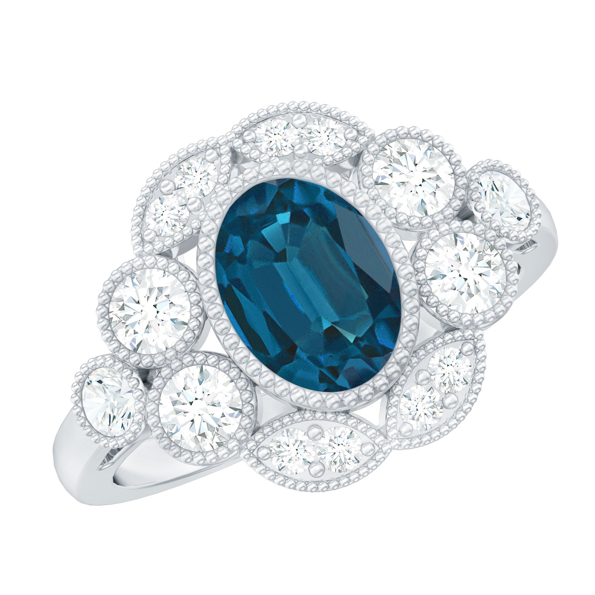 Real Oval London Blue Topaz Vintage Engagement Ring with Diamond AAA - Rosec Jewels